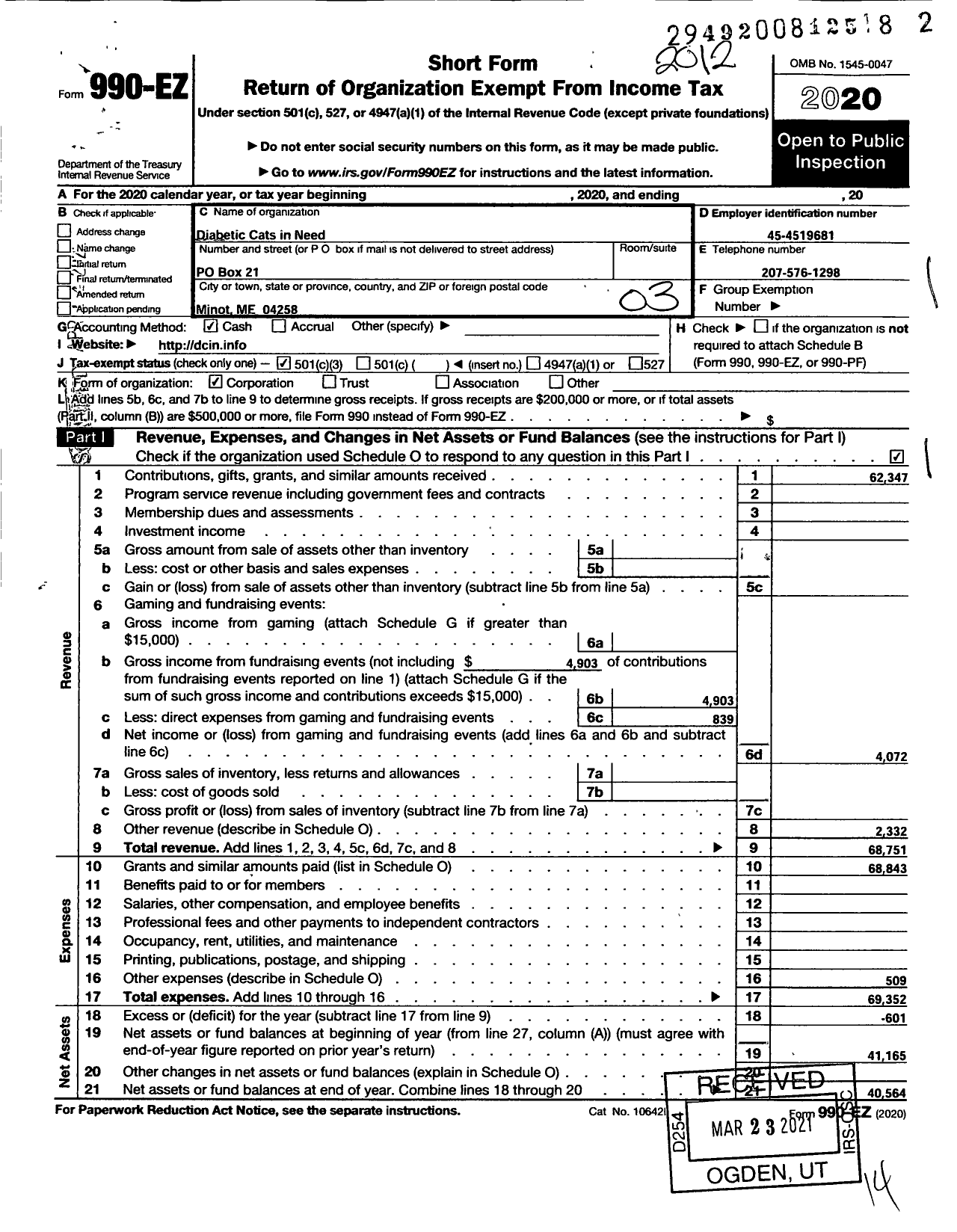 Image of first page of 2020 Form 990EZ for Diabetic Cats in Need