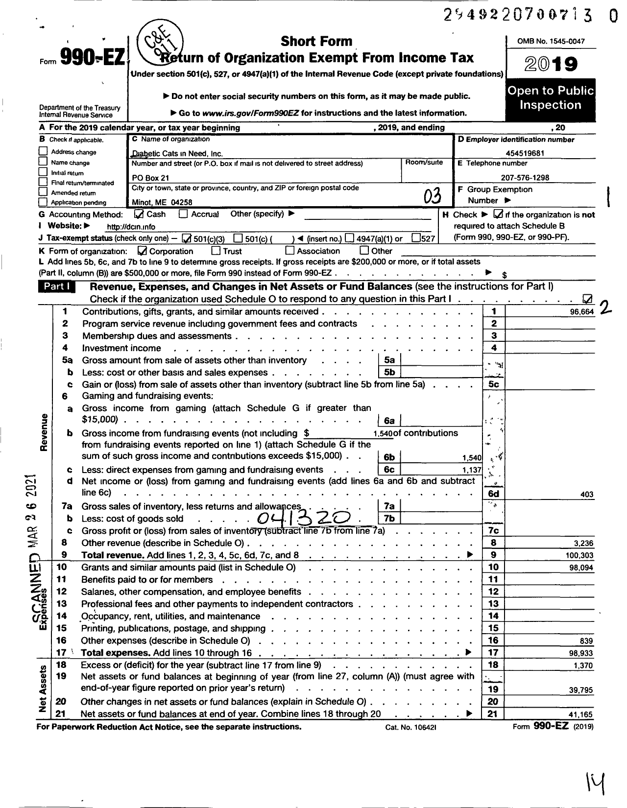 Image of first page of 2019 Form 990EZ for Diabetic Cats in Need