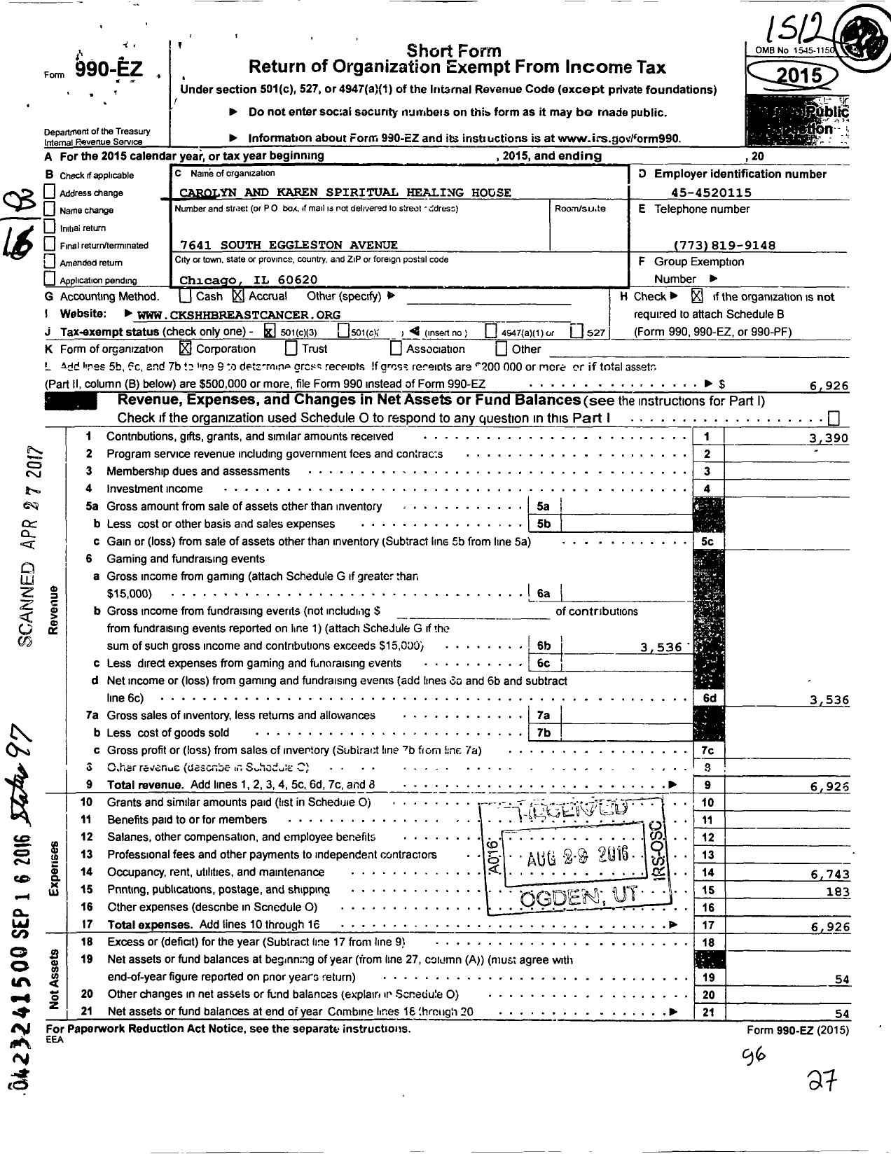 Image of first page of 2015 Form 990EZ for Carolyn and Karen Spiritual Healing House