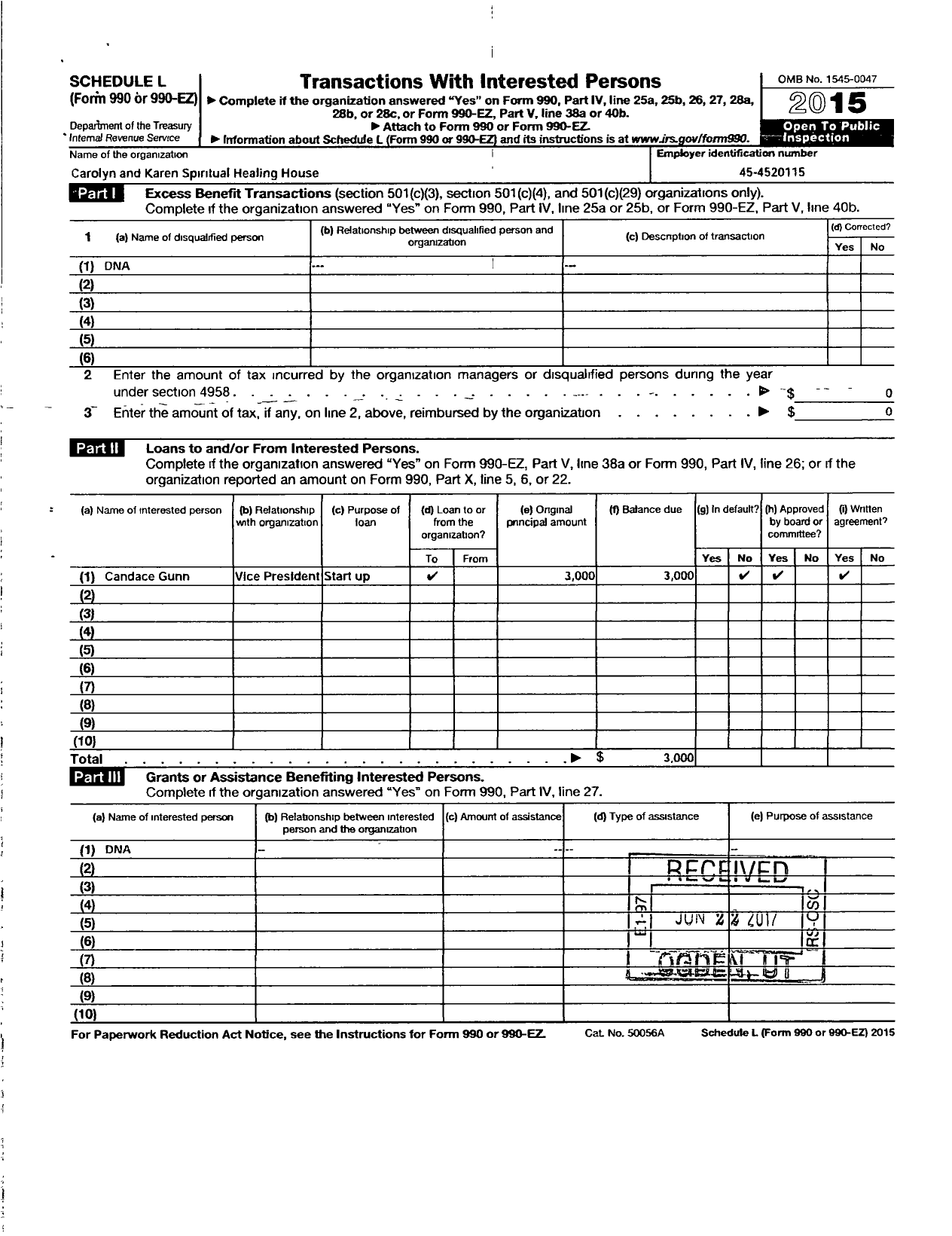 Image of first page of 2015 Form 990ER for Carolyn and Karen Spiritual Healing House