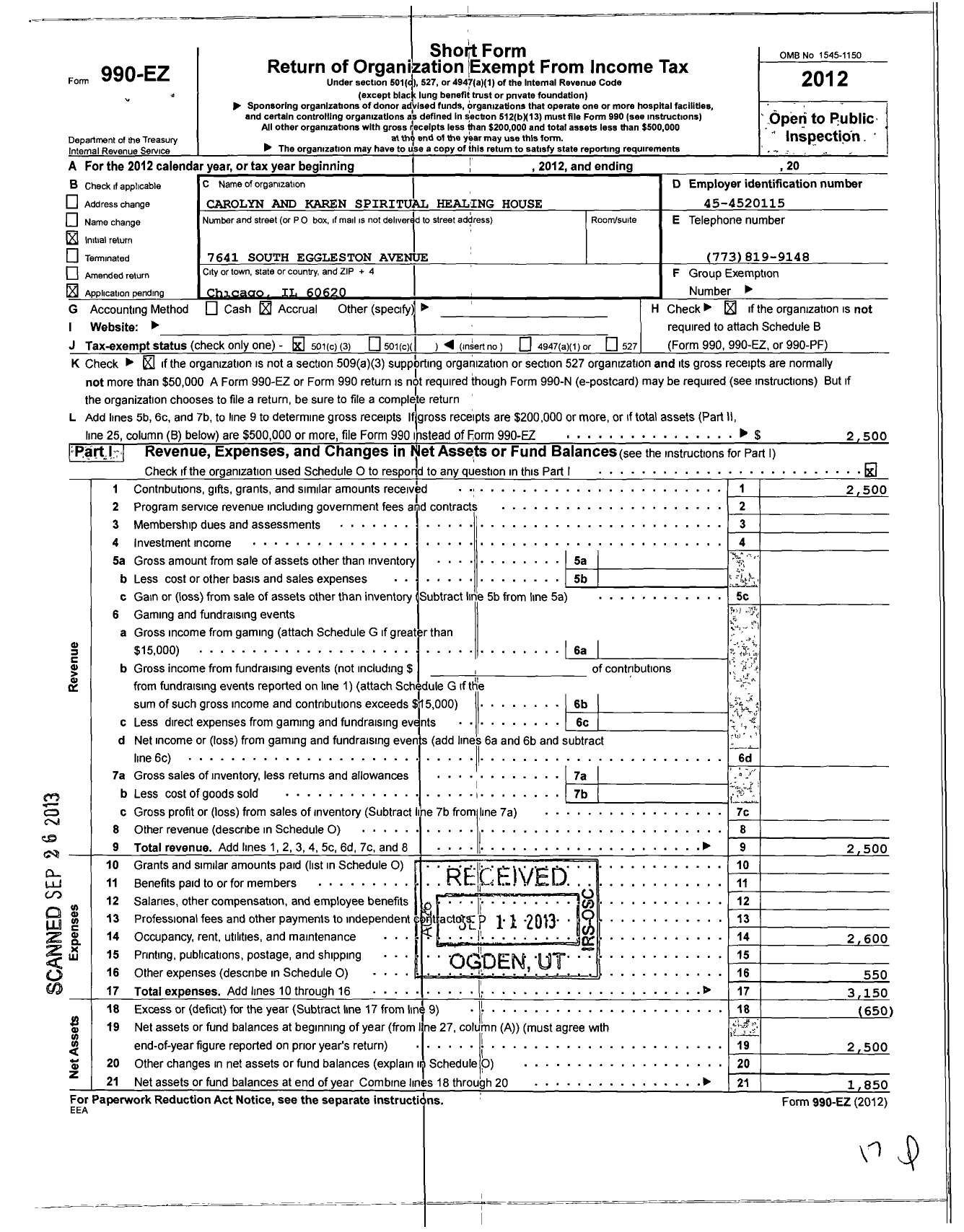 Image of first page of 2012 Form 990EZ for Carolyn and Karen Spiritual Healing House