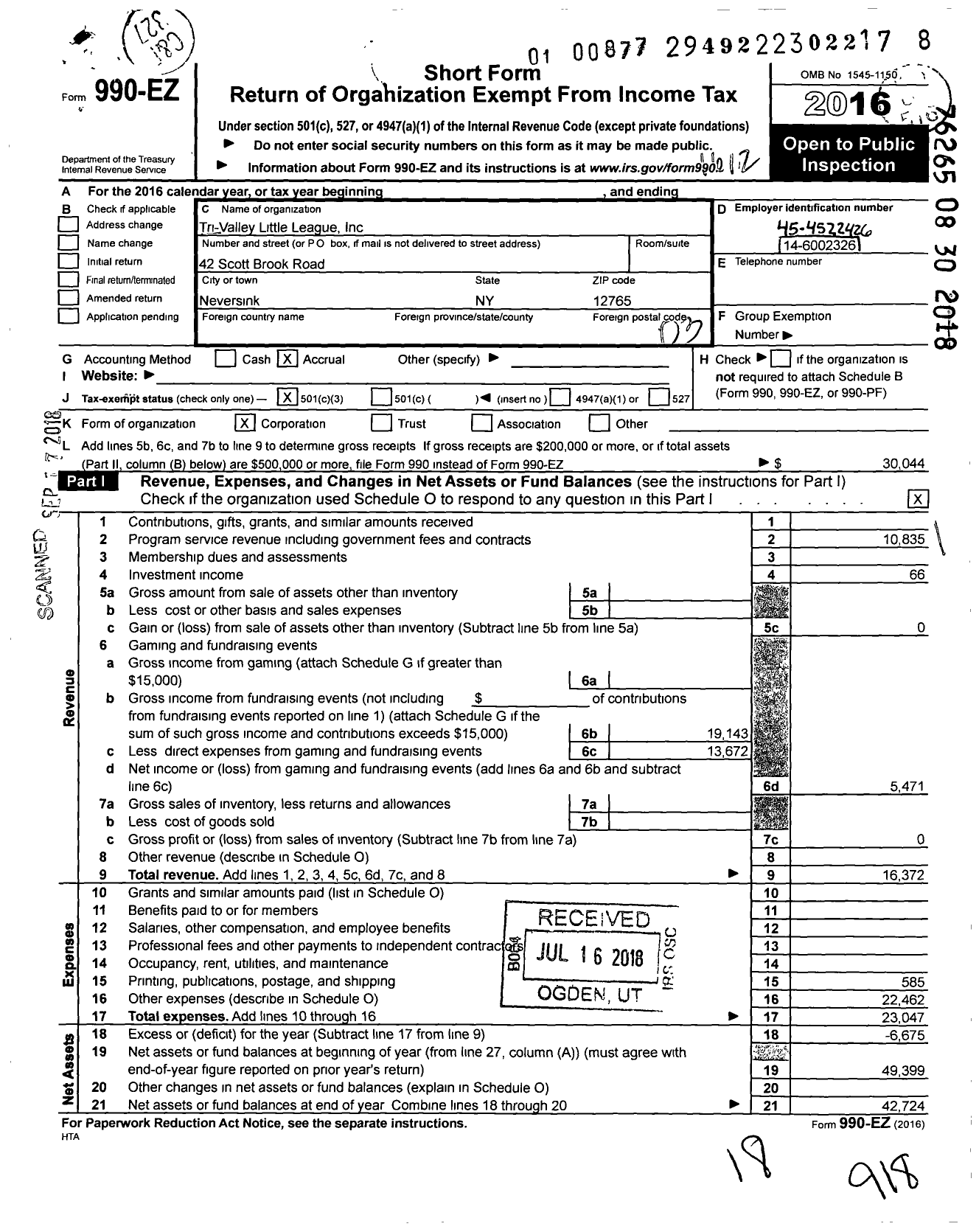Image of first page of 2016 Form 990EZ for Little League Baseball - 2321926 Tri-Valley School District