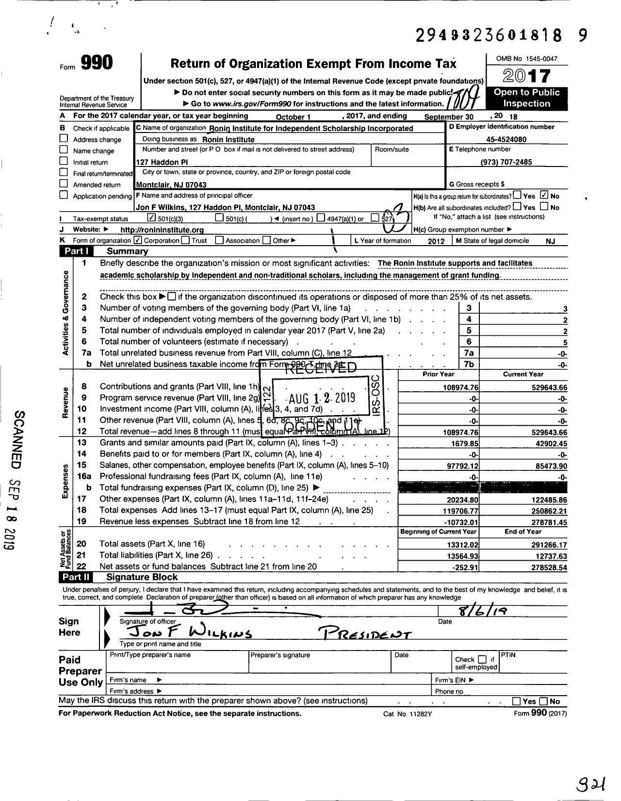 Image of first page of 2017 Form 990 for Ronin Institute