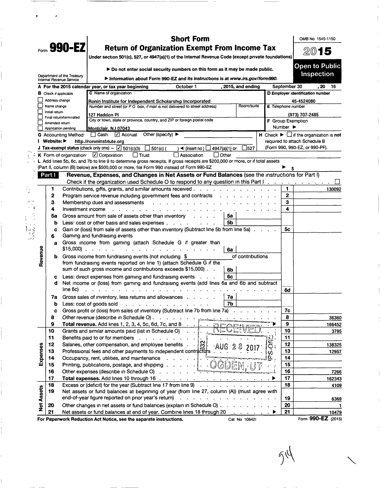 Image of first page of 2015 Form 990EZ for Ronin Institute