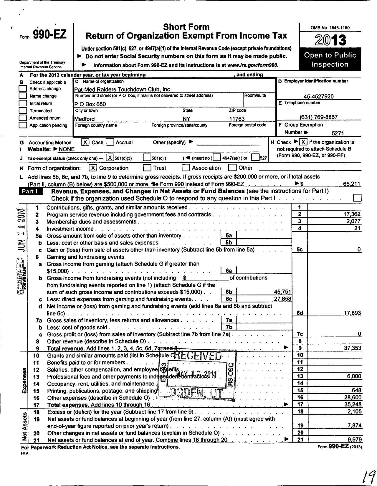 Image of first page of 2013 Form 990EZ for Parent Booster USA / Pat-Med Raiders Touchdown Club