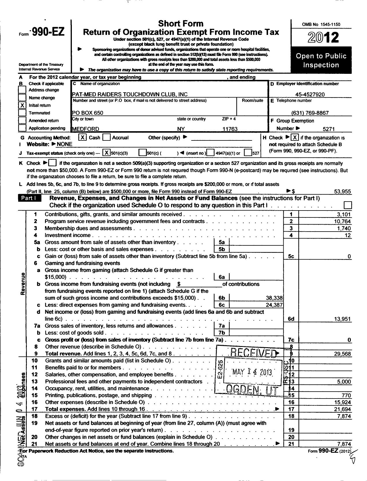 Image of first page of 2012 Form 990EZ for Parent Booster USA / Pat-Med Raiders Touchdown Club