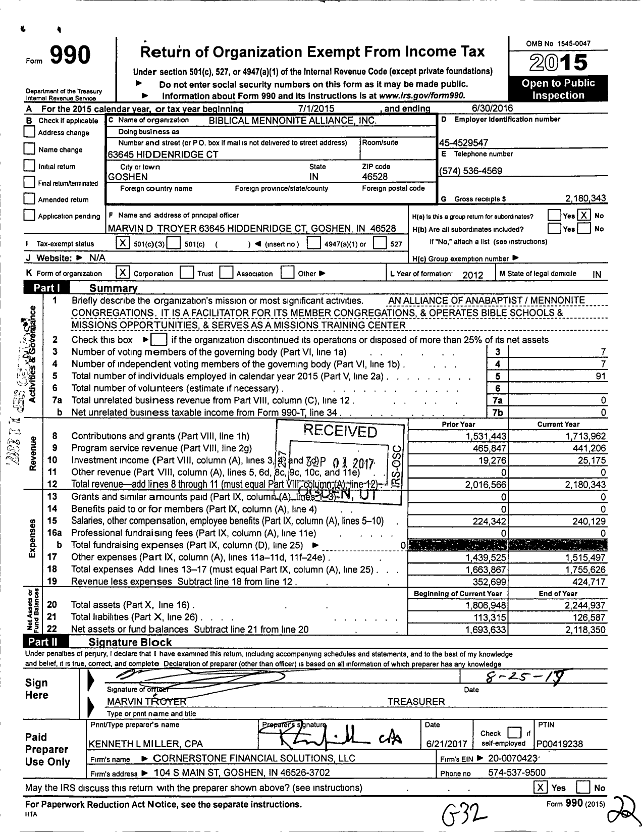 Image of first page of 2015 Form 990 for Biblical Mennonite Alliance