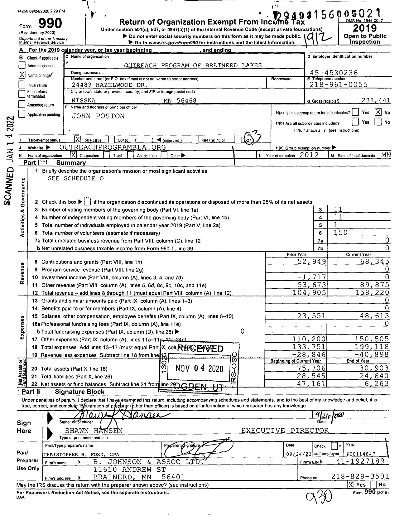 Image of first page of 2019 Form 990 for Outreach Program of Brainerd Lakes