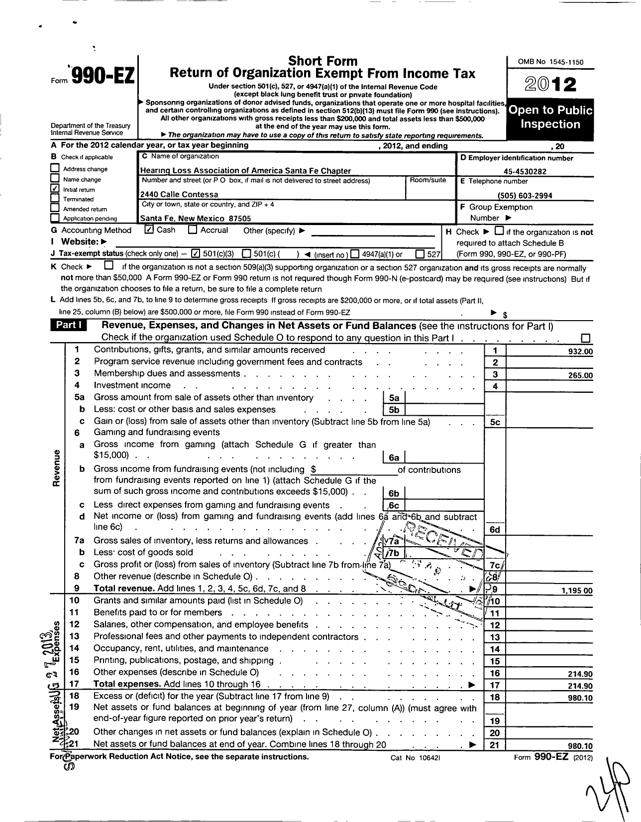 Image of first page of 2012 Form 990EZ for Hearing Loss Association of America / Santa Fe Chapter