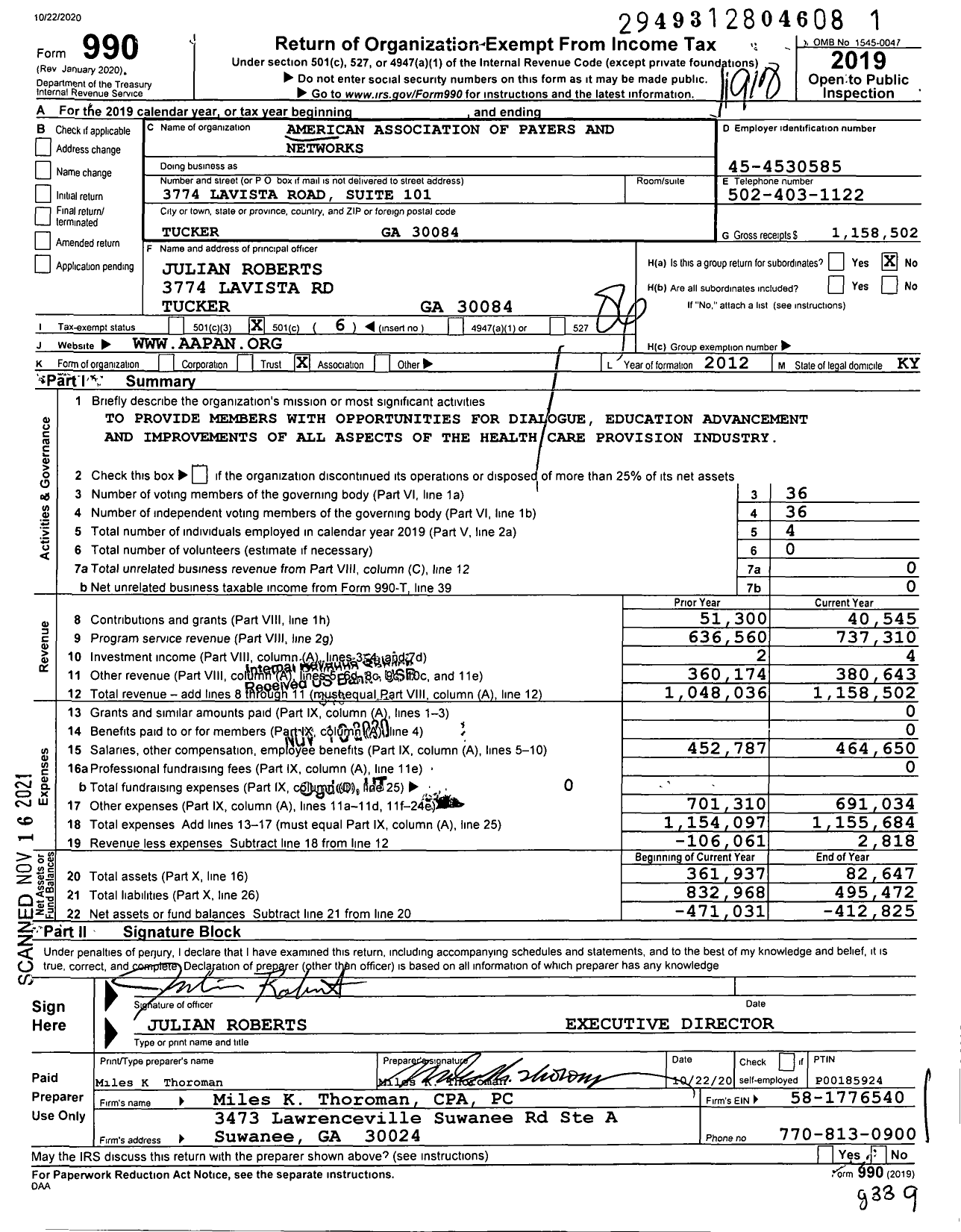 Image of first page of 2019 Form 990O for American Association of Payers Administrators and Networks