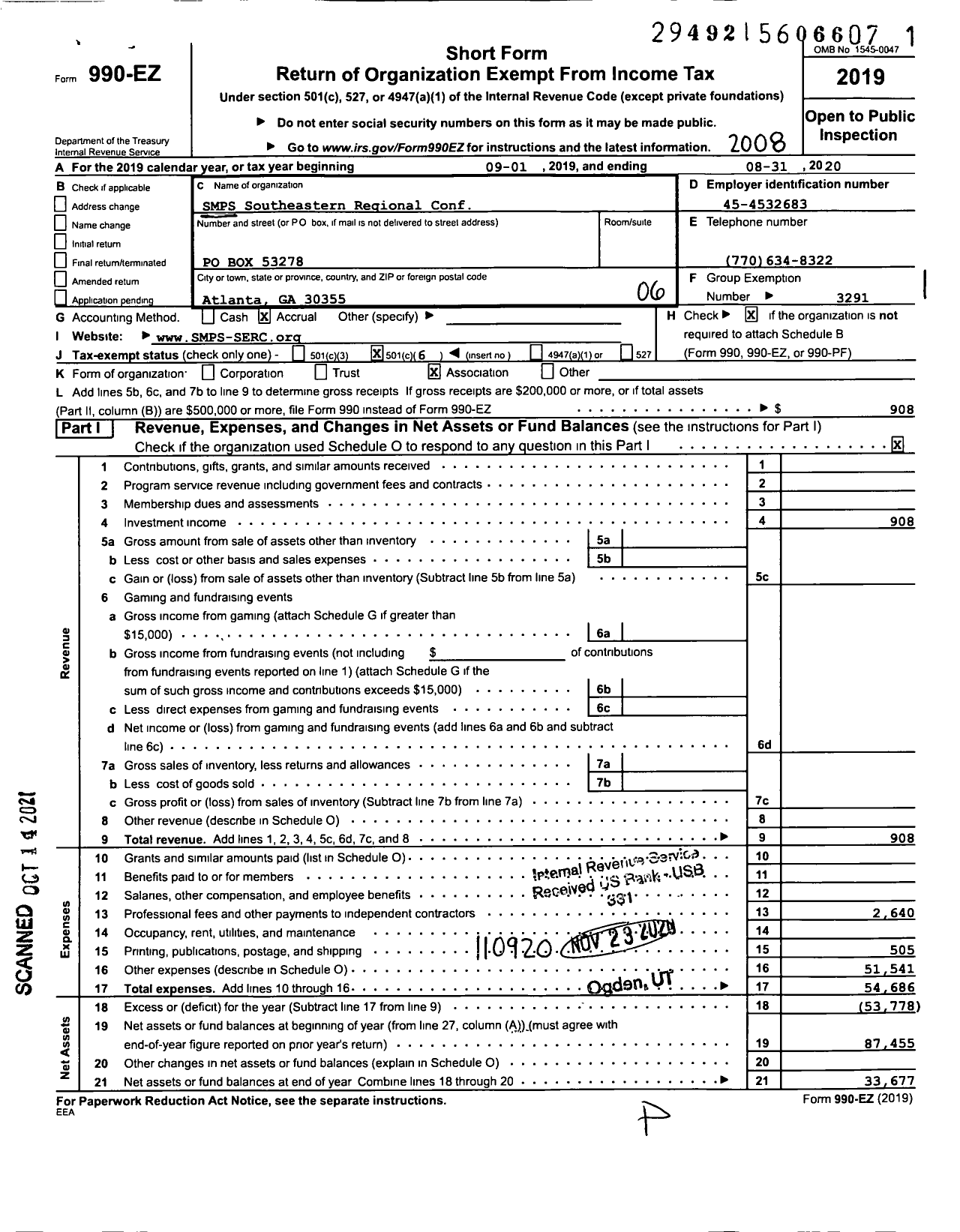 Image of first page of 2019 Form 990EO for SMPS Southeastern Regional Conference