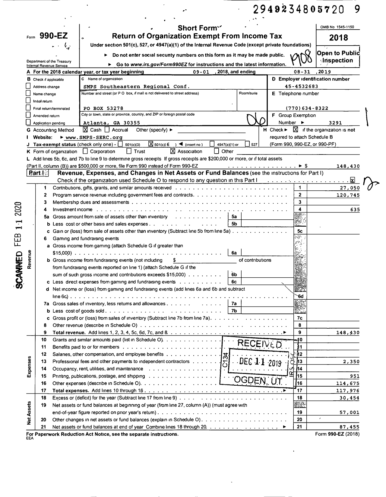 Image of first page of 2018 Form 990EO for SMPS Southeastern Regional Conference