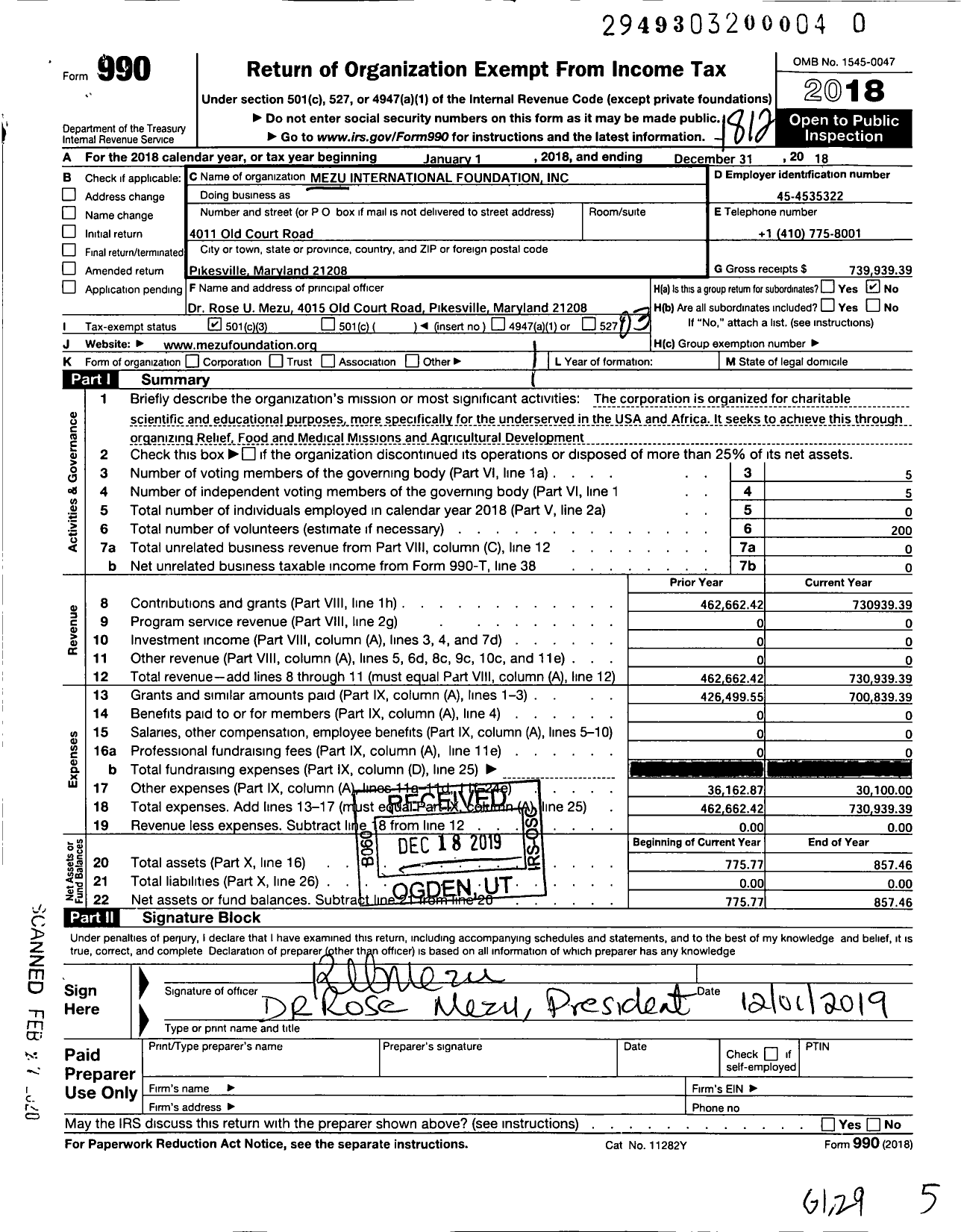 Image of first page of 2018 Form 990 for Mezu International Foundation