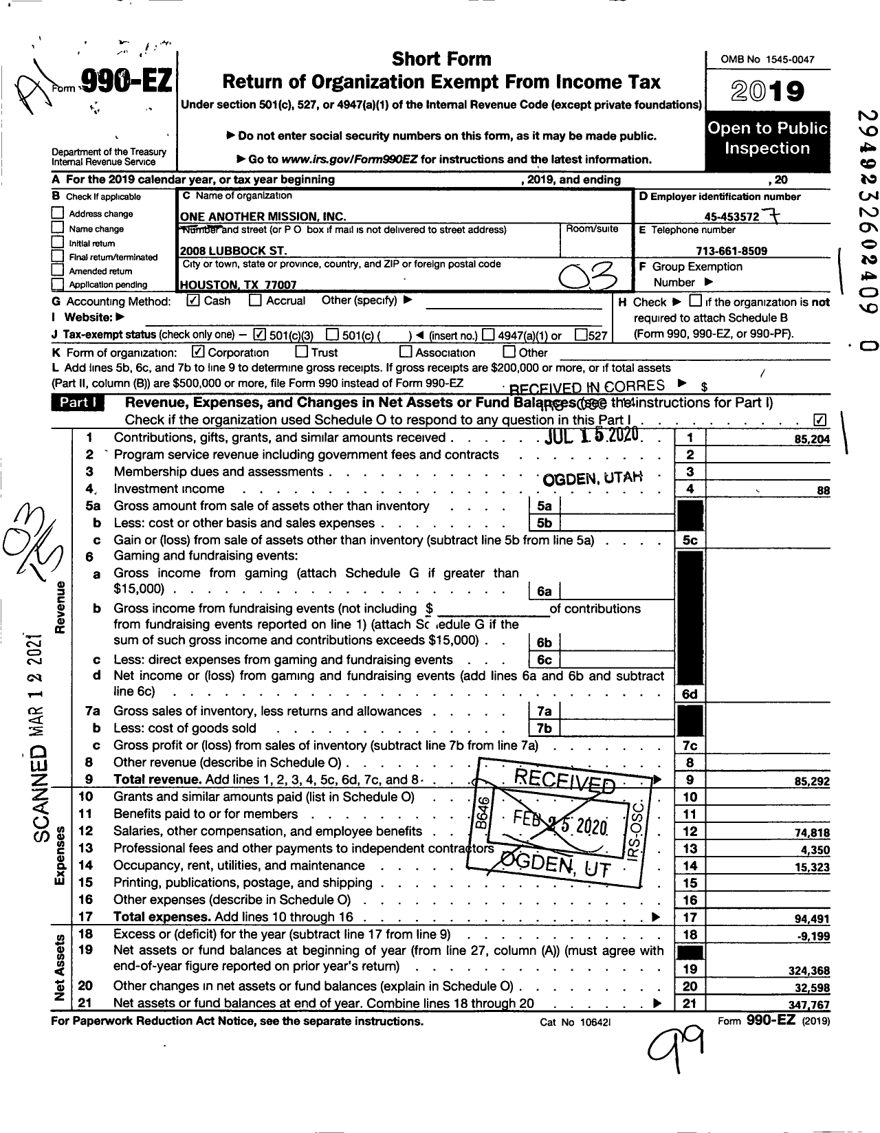 Image of first page of 2019 Form 990EZ for One Another Missions