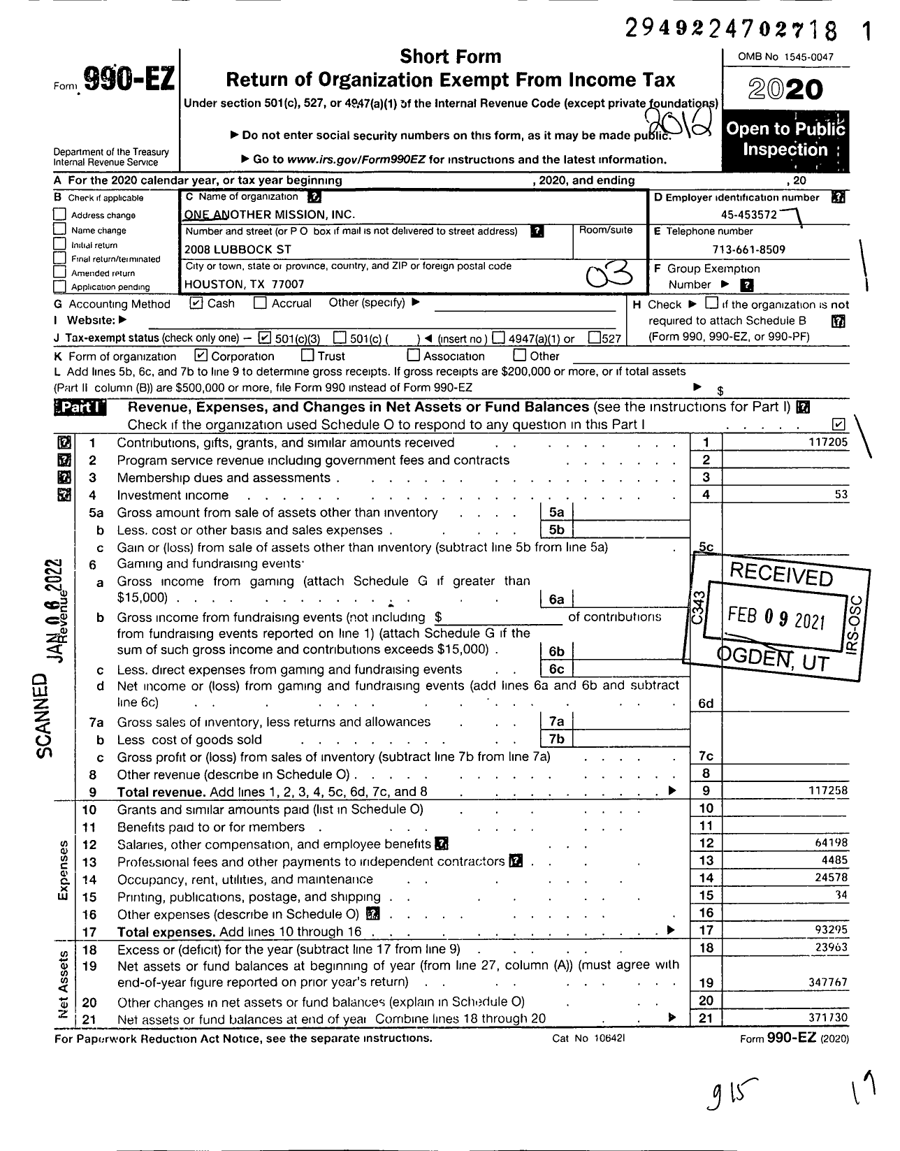 Image of first page of 2020 Form 990EZ for One Another Missions