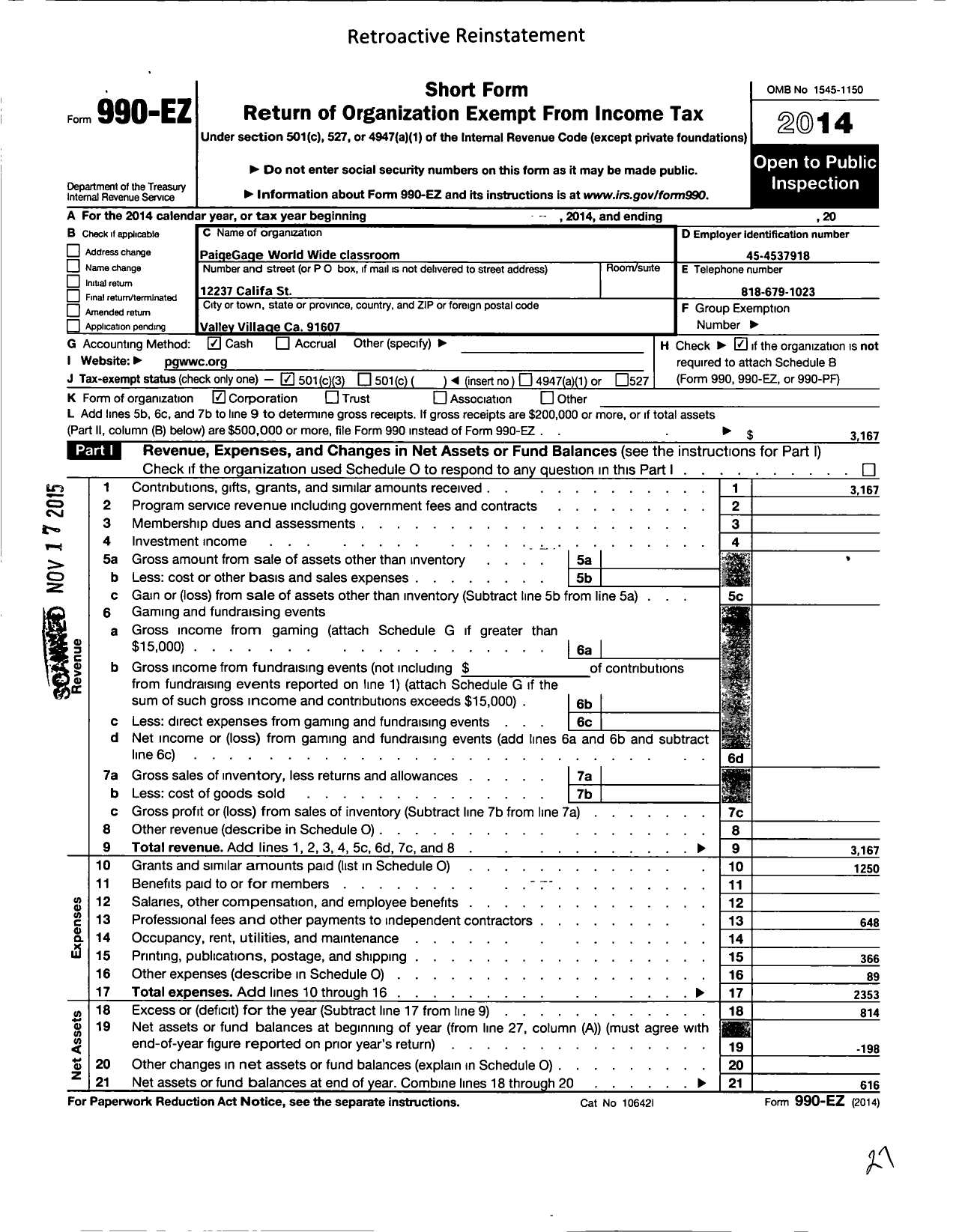 Image of first page of 2014 Form 990EZ for Paigegage World Wide Classroom