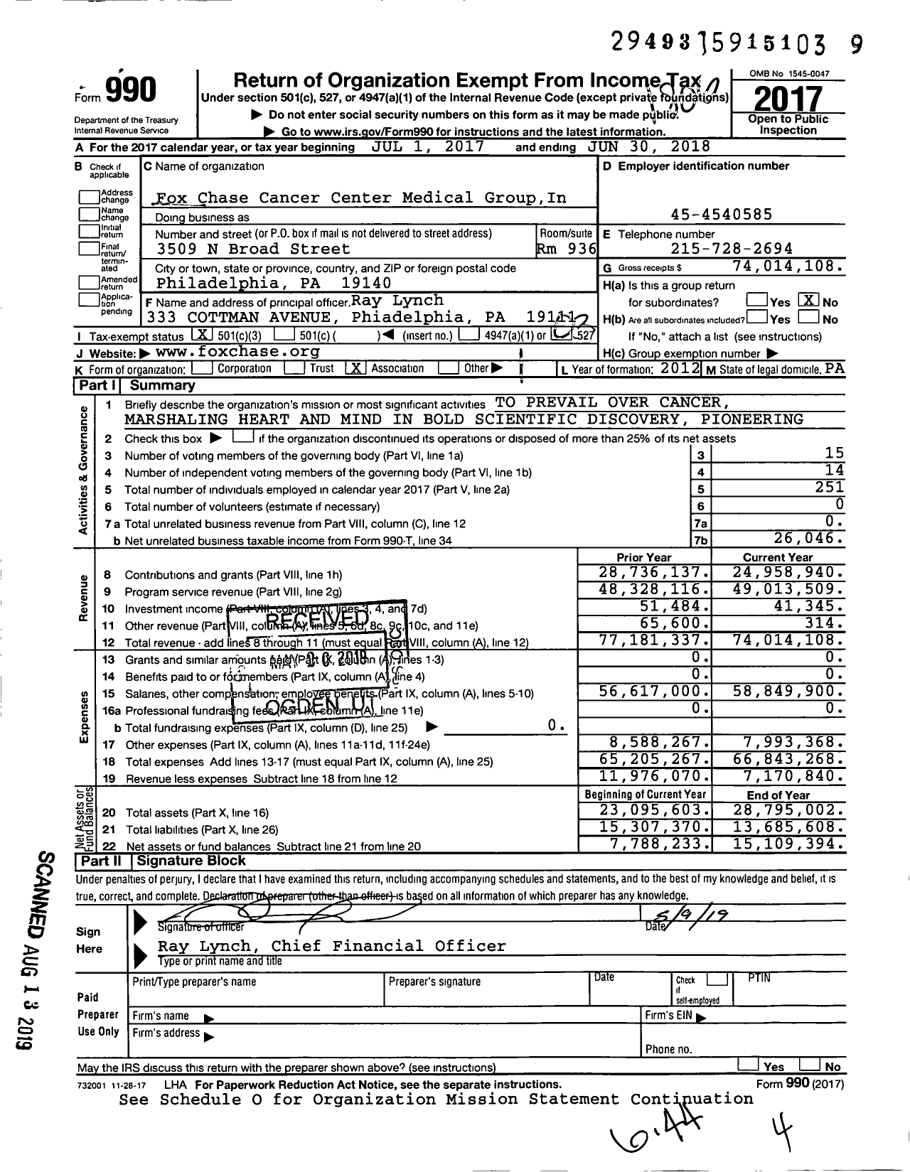 Image of first page of 2017 Form 990 for Fox Chase Cancer Center (FCCC)