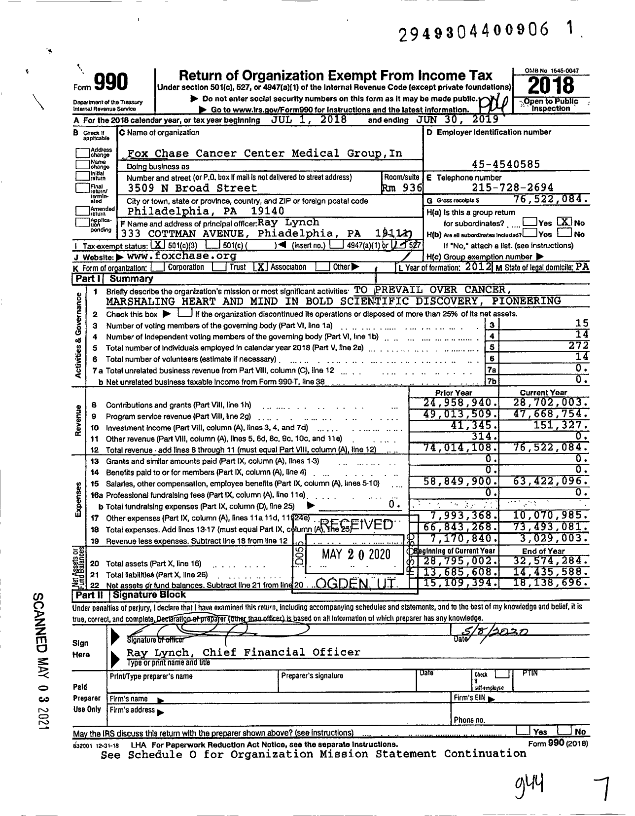 Image of first page of 2018 Form 990 for Fox Chase Cancer Center (FCCC)