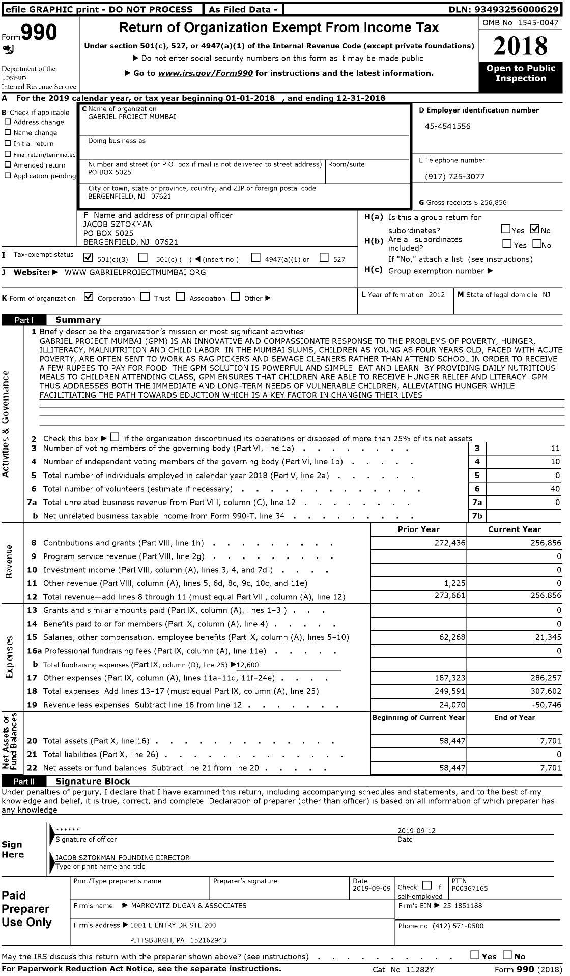 Image of first page of 2018 Form 990 for Gabriel Project Mumbai