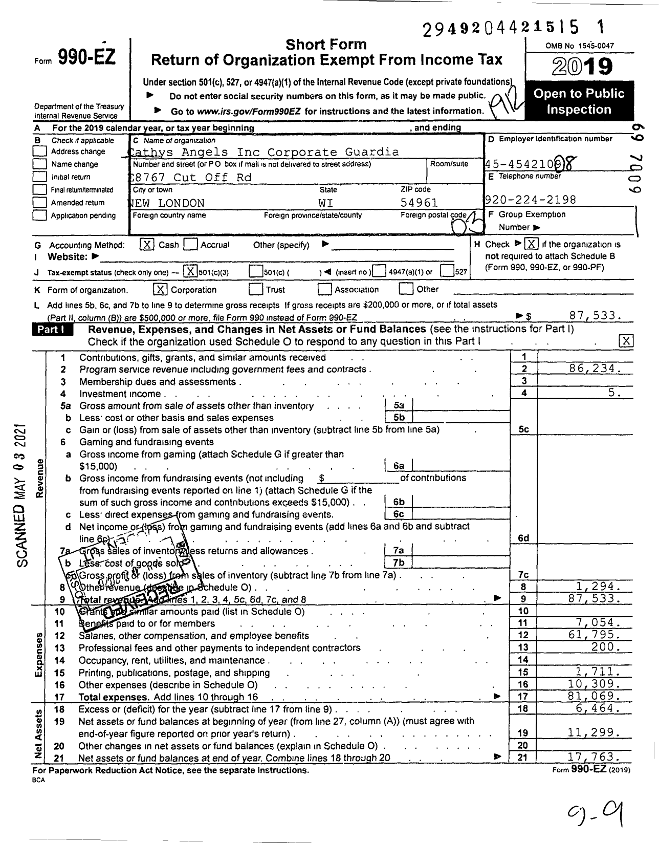 Image of first page of 2019 Form 990EZ for Cathys Angels Inc Corporate Guardian