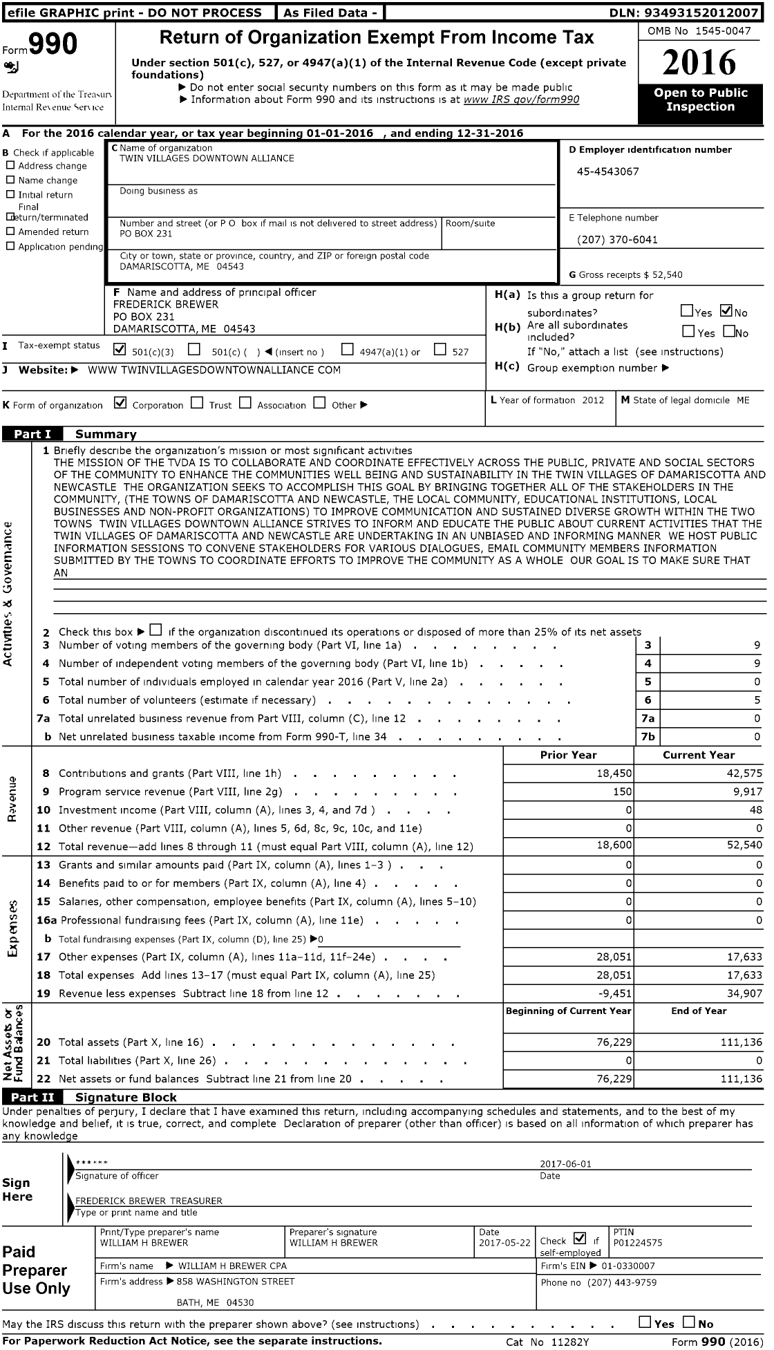 Image of first page of 2016 Form 990 for Twin Villages Downtown Alliance