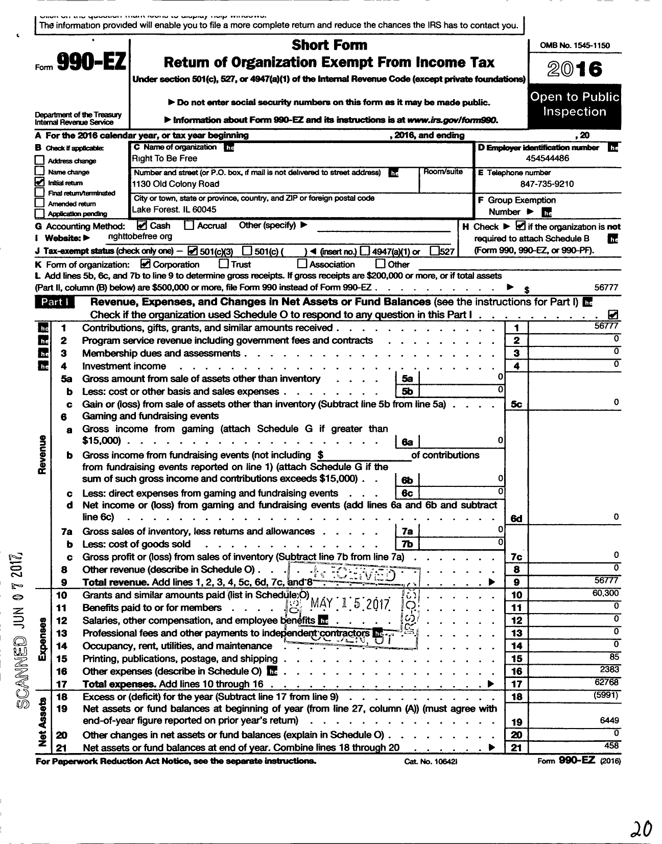 Image of first page of 2016 Form 990EZ for Right To Be Free