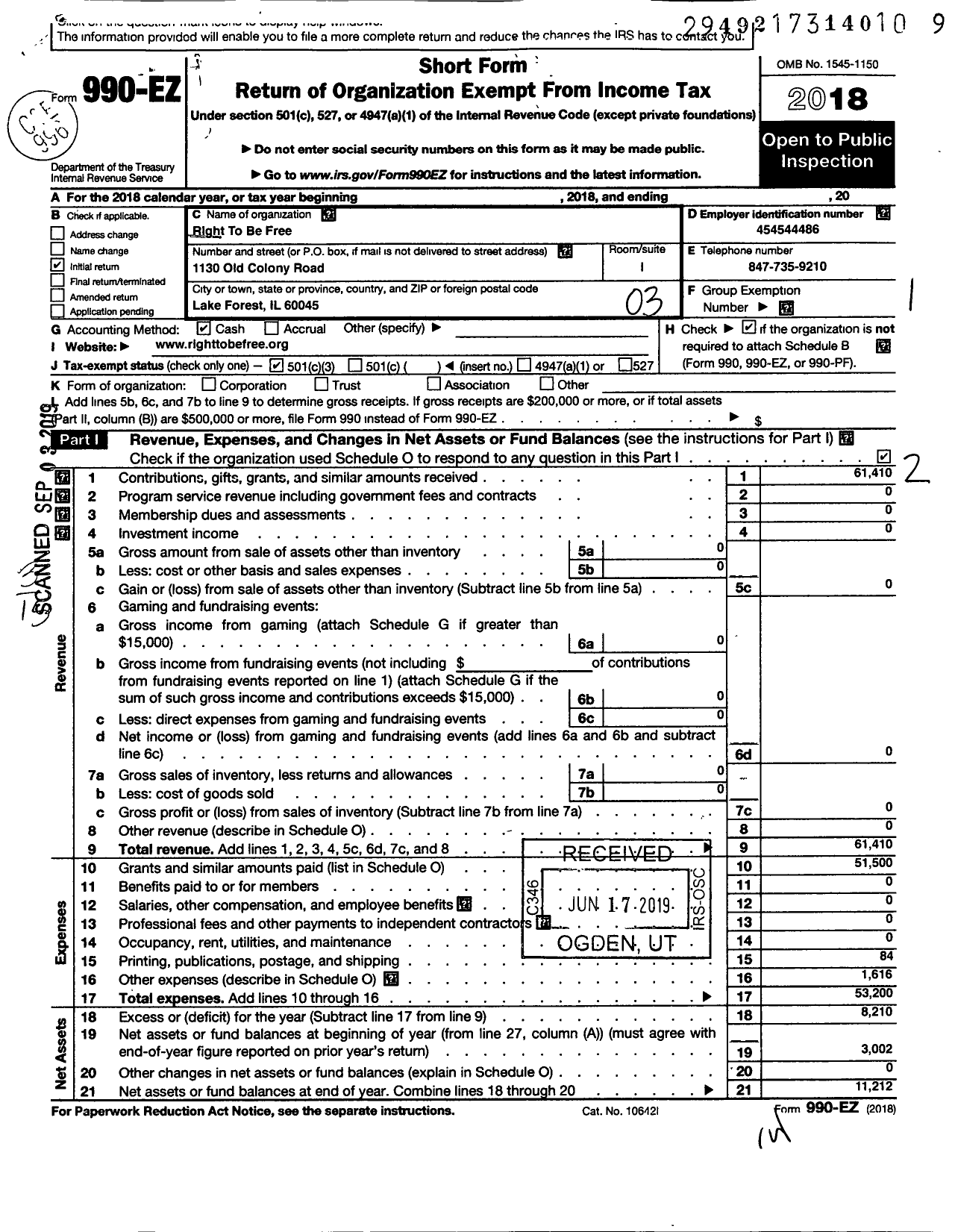 Image of first page of 2018 Form 990EZ for Right To Be Free