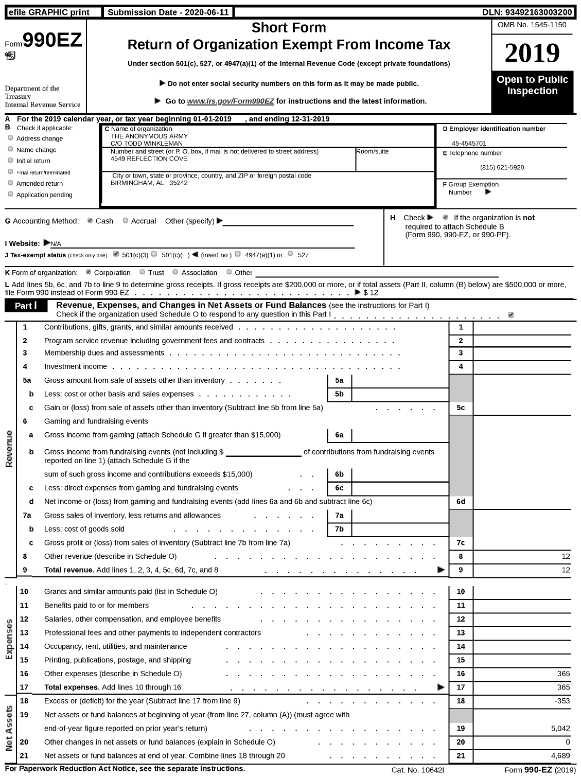 Image of first page of 2019 Form 990EZ for The Anonymous Army