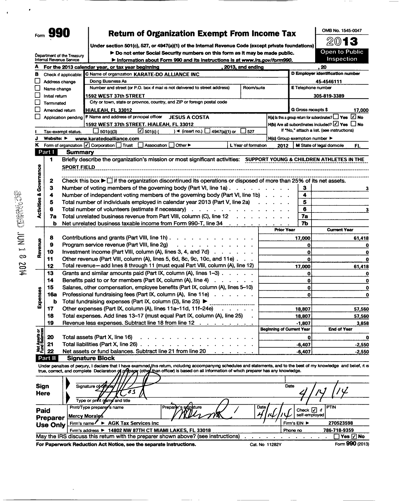 Image of first page of 2013 Form 990O for Karate-Do Alliance