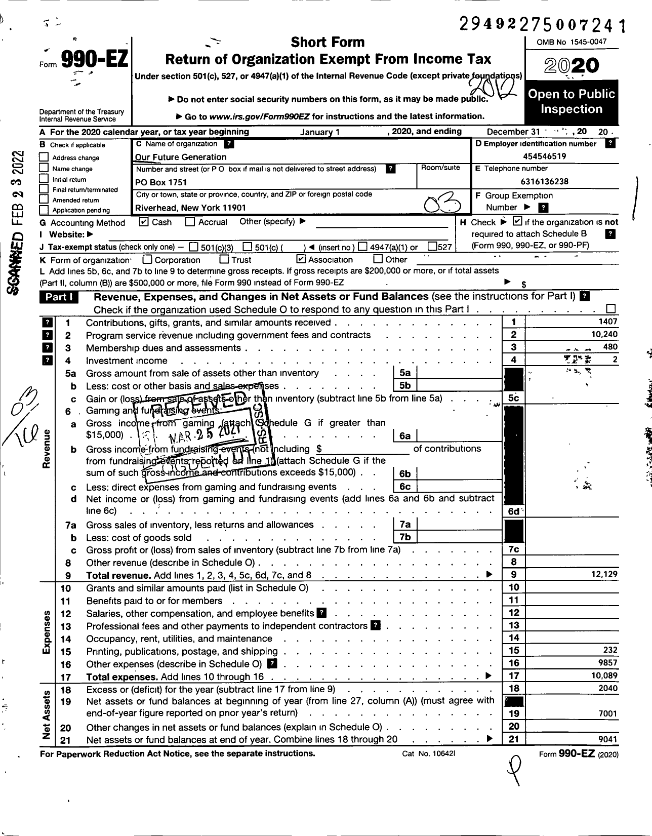 Image of first page of 2020 Form 990EZ for Our Future Generation