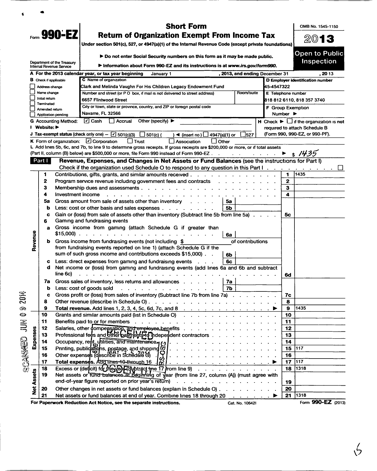 Image of first page of 2013 Form 990EZ for Clark and Melinda Vaughn for His Children Legacy Endowment Fund