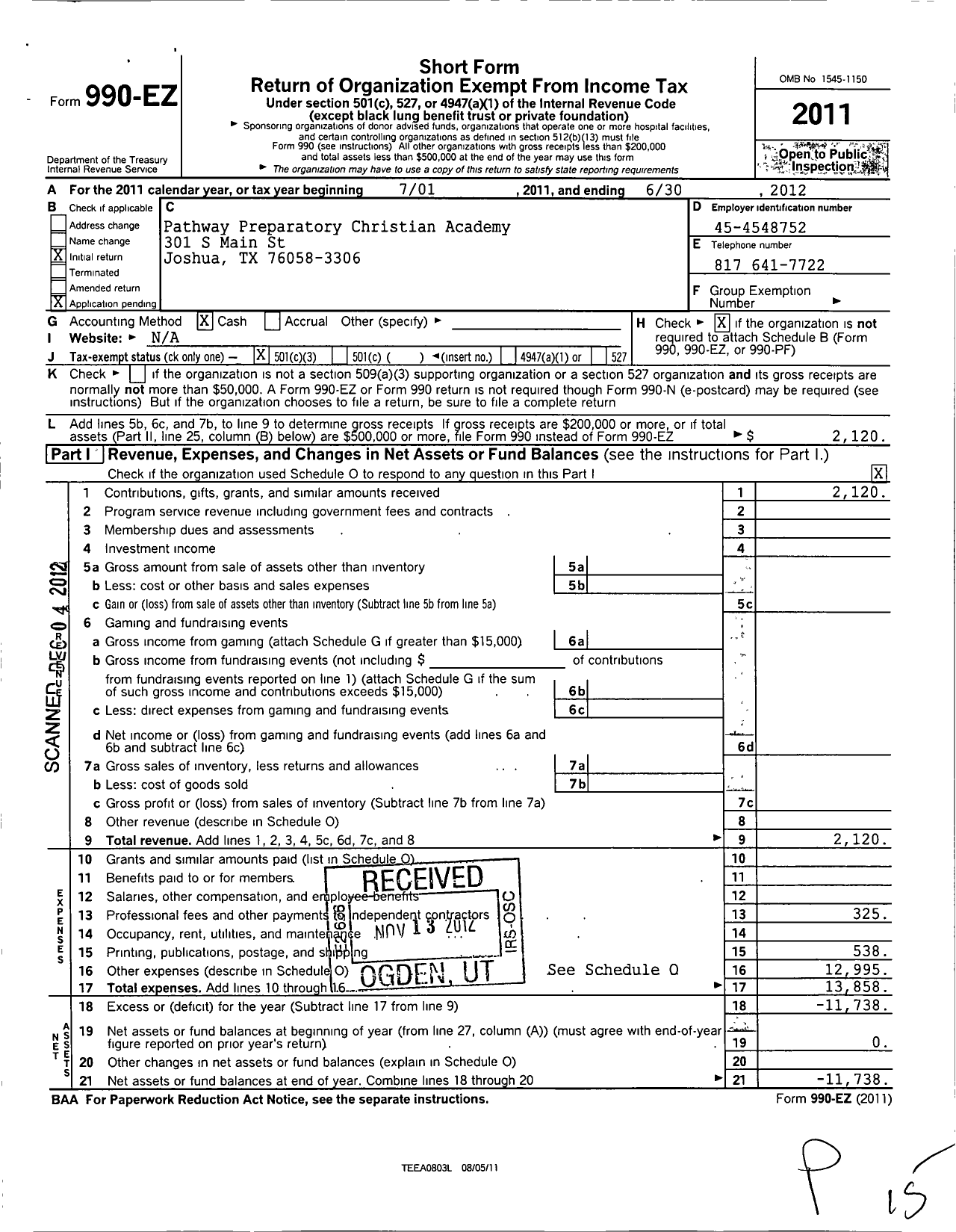 Image of first page of 2011 Form 990EZ for Pathway Preparatory Christian Academy