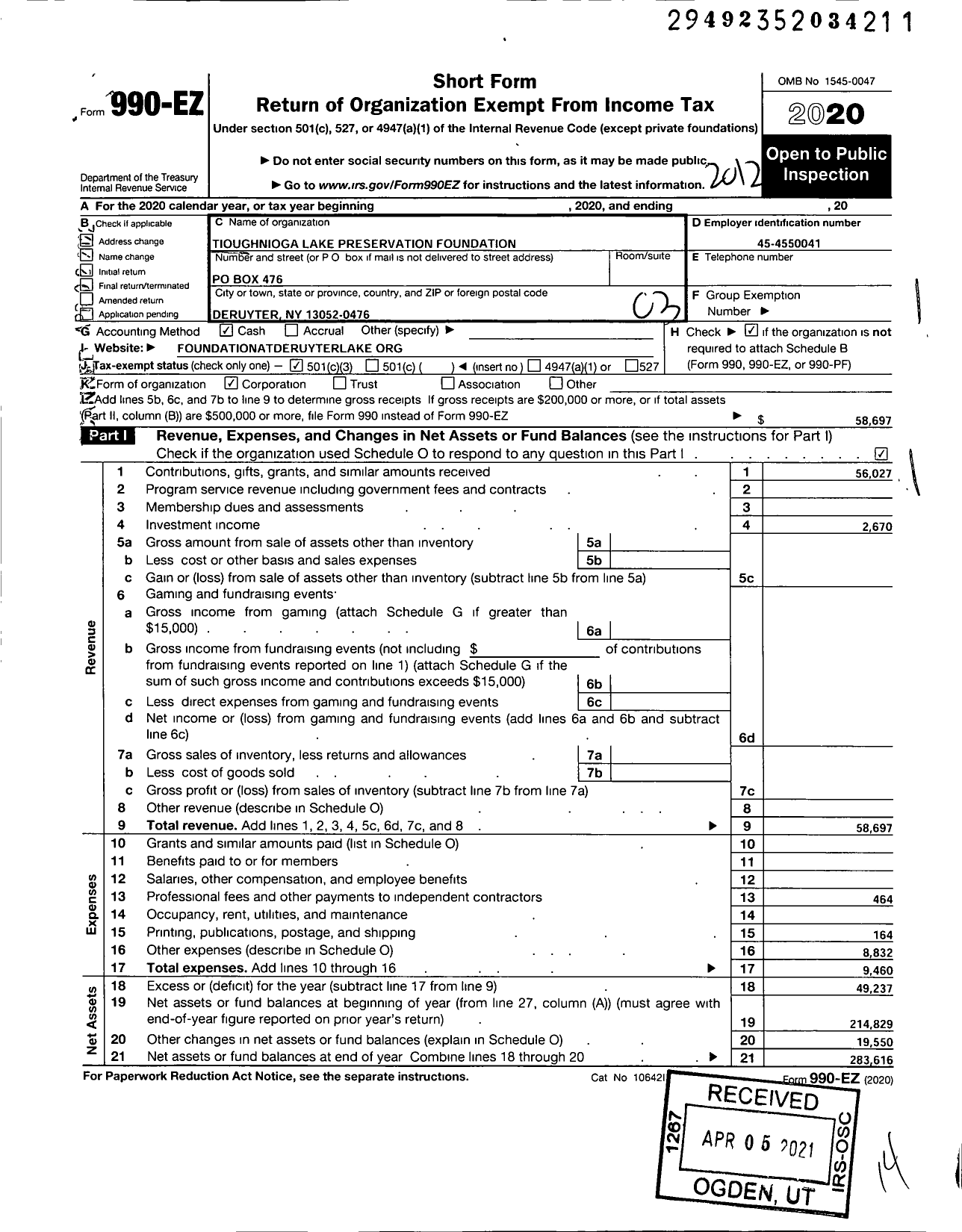 Image of first page of 2020 Form 990EZ for Tioughnioga Lake Preservation