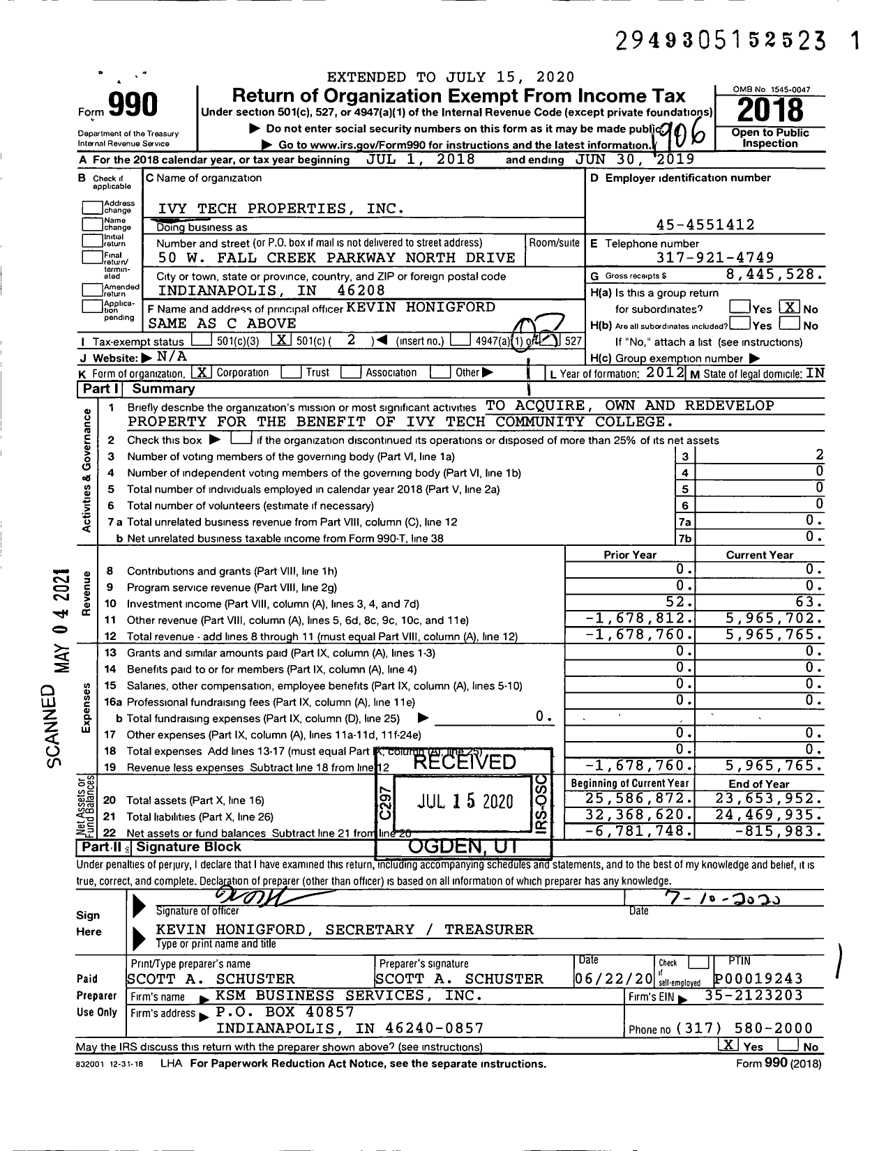 Image of first page of 2018 Form 990O for Ivy Tech Properties