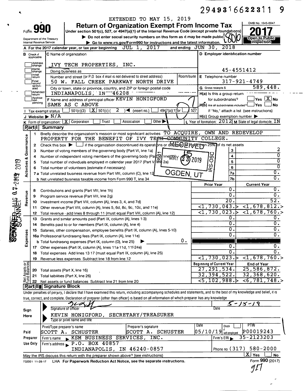 Image of first page of 2017 Form 990O for Ivy Tech Properties