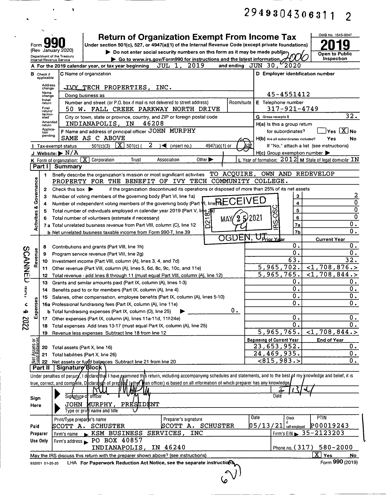 Image of first page of 2019 Form 990O for Ivy Tech Properties