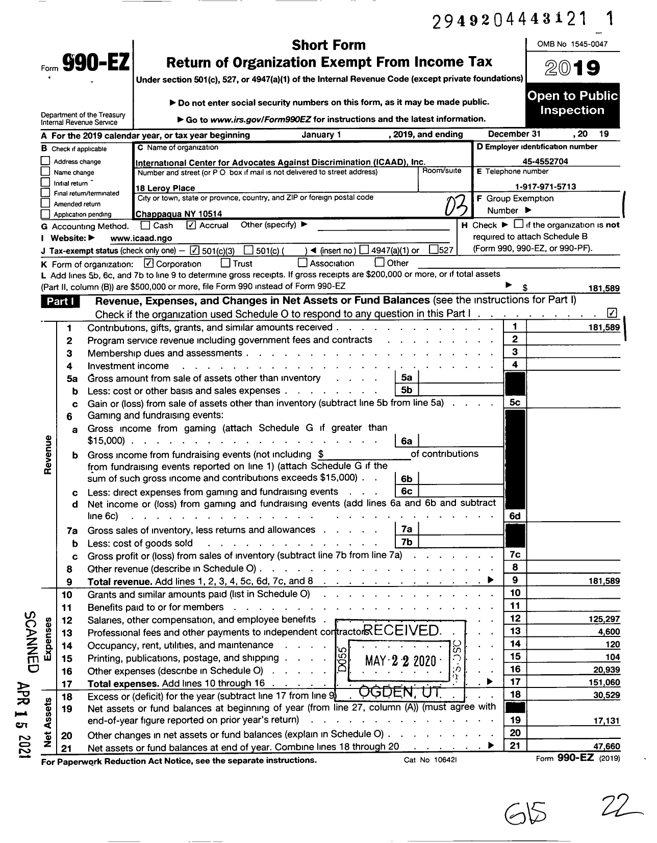 Image of first page of 2019 Form 990EZ for International Center for Advocates Against Discrimination (ICAAD)