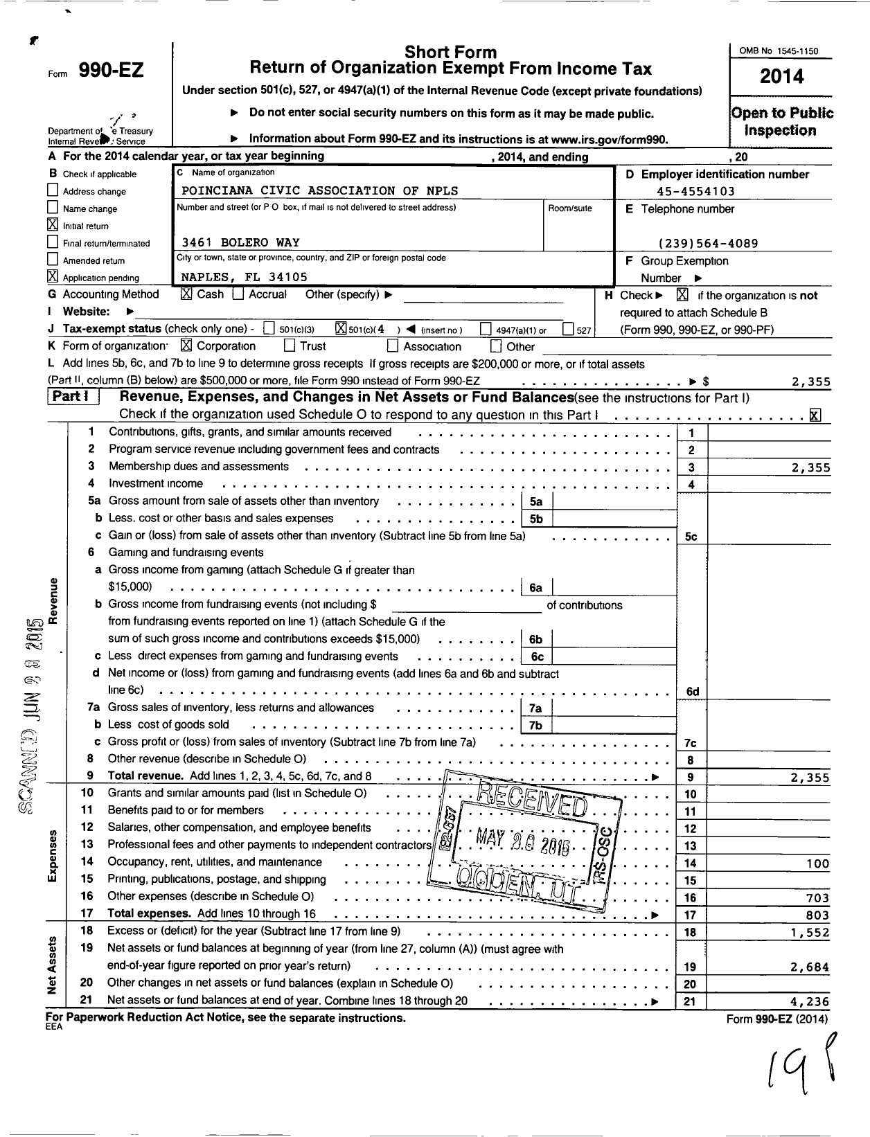 Image of first page of 2014 Form 990EO for Poinciana Civic Association of Naples