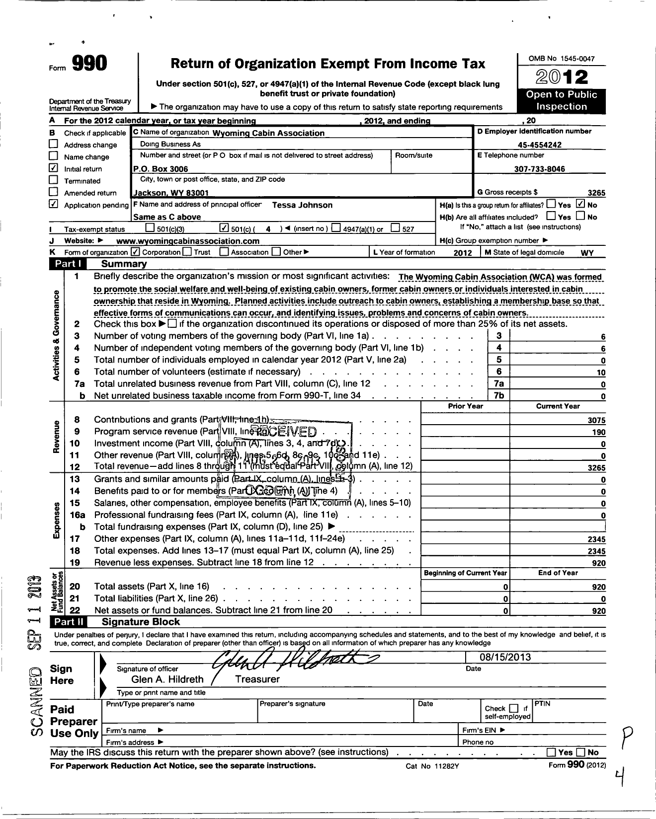 Image of first page of 2012 Form 990O for Wyoming Cabin Association