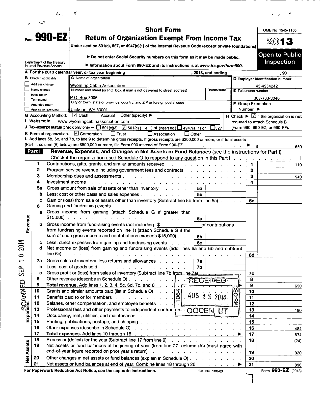 Image of first page of 2013 Form 990EO for Wyoming Cabin Association