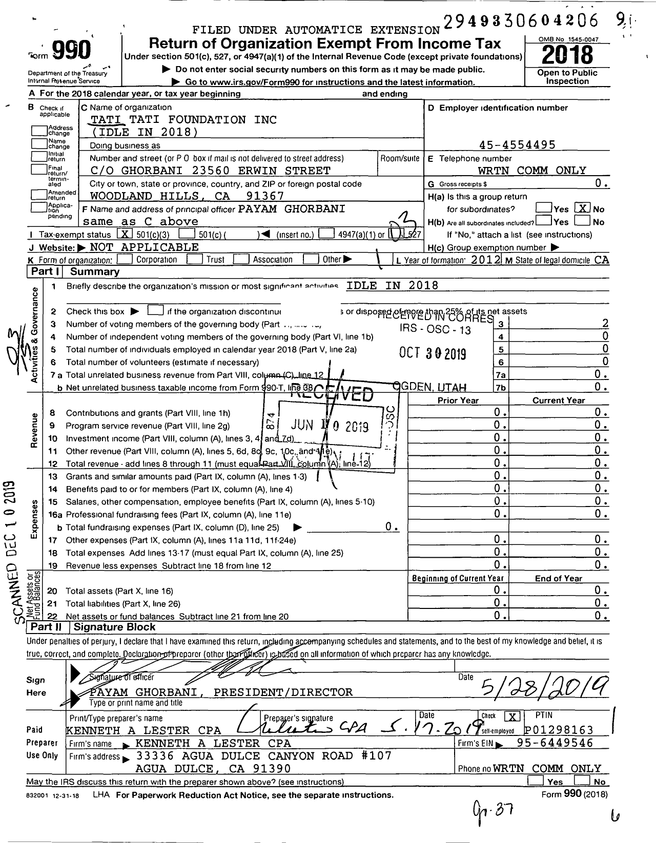 Image of first page of 2018 Form 990 for Tati Tati Foundation Idle in 2016