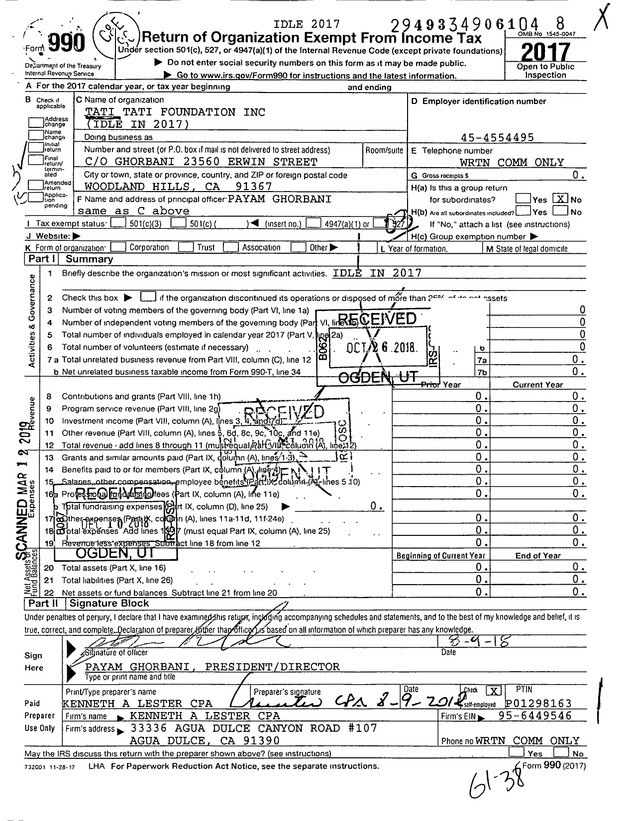 Image of first page of 2017 Form 990 for Tati Tati Foundation Idle in 2016
