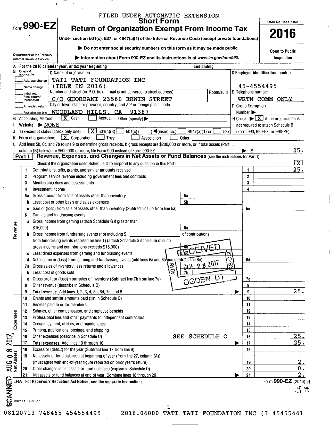 Image of first page of 2016 Form 990EZ for Tati Tati Foundation Idle in 2016