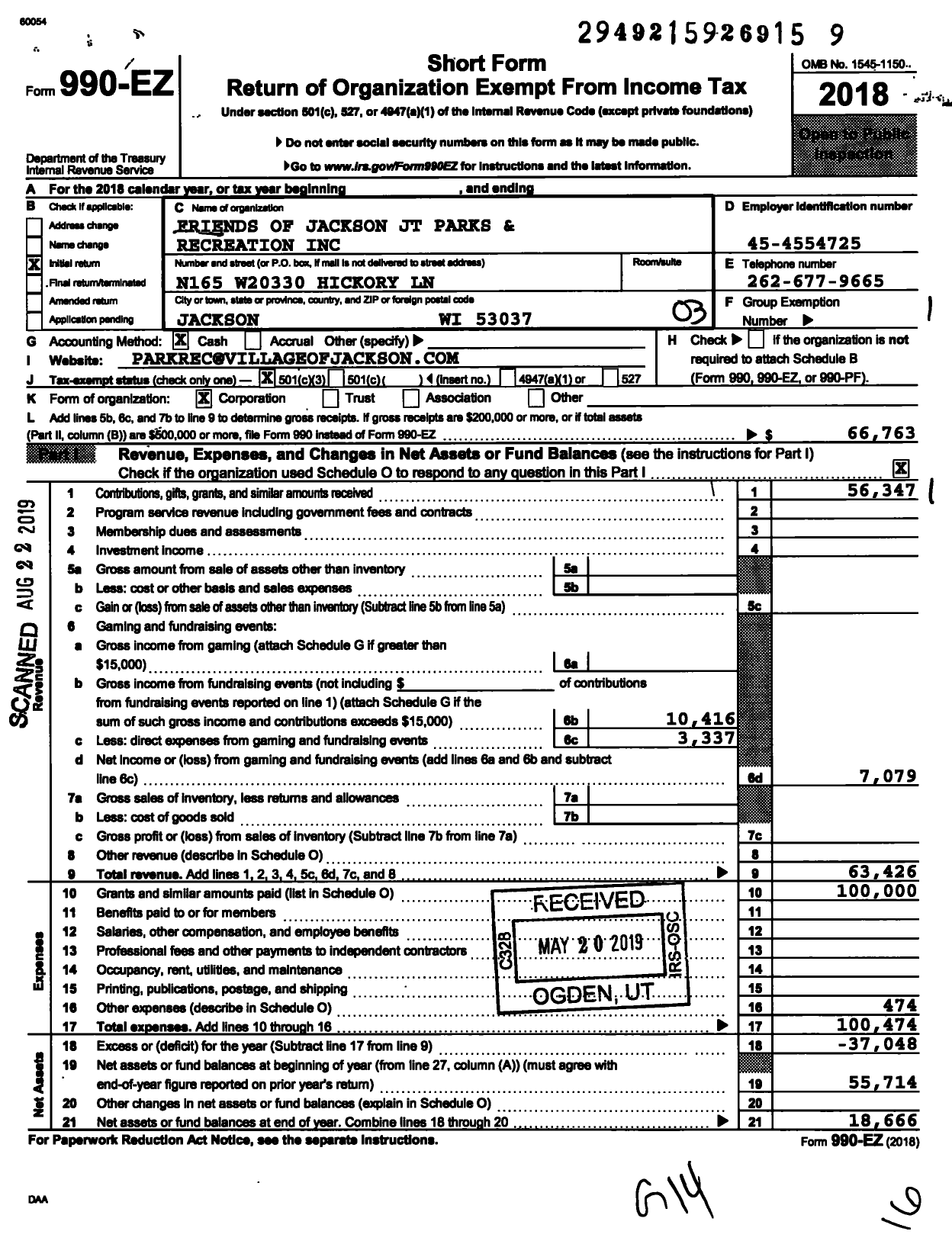 Image of first page of 2018 Form 990EZ for Friends of Jackson JT Parks and Recreation