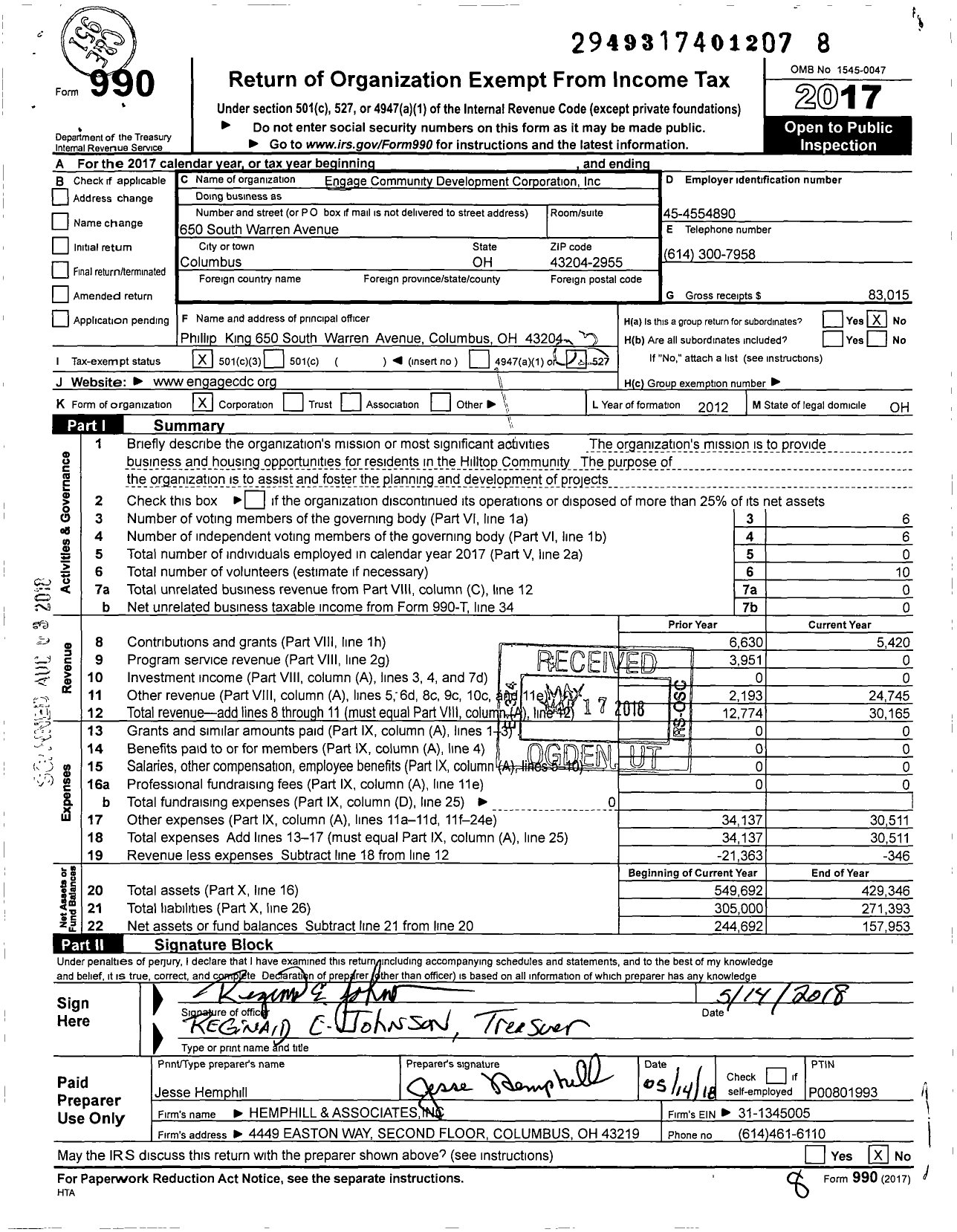 Image of first page of 2017 Form 990 for Engage Community Development Corporation