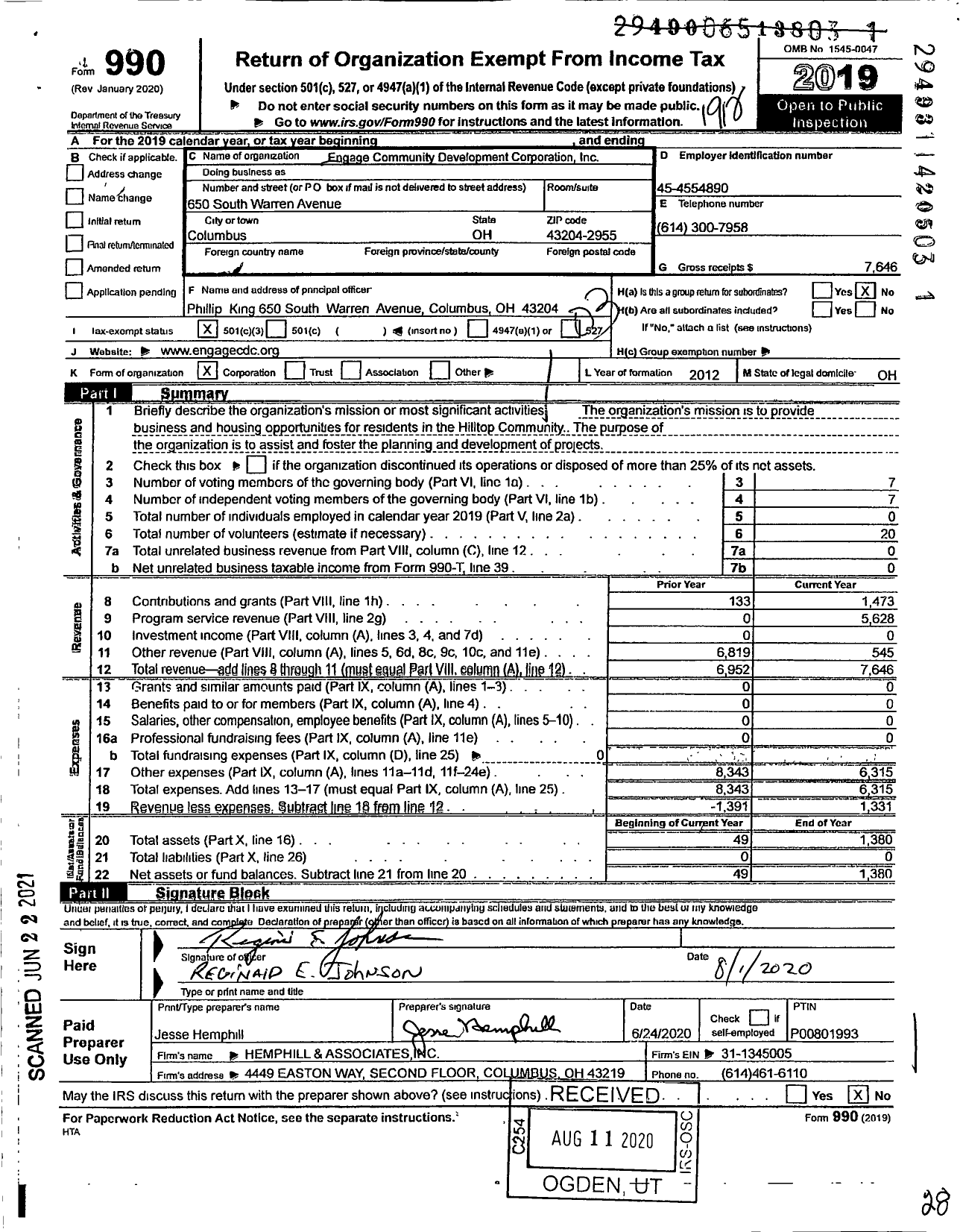 Image of first page of 2019 Form 990 for Engage Community Development Corporation