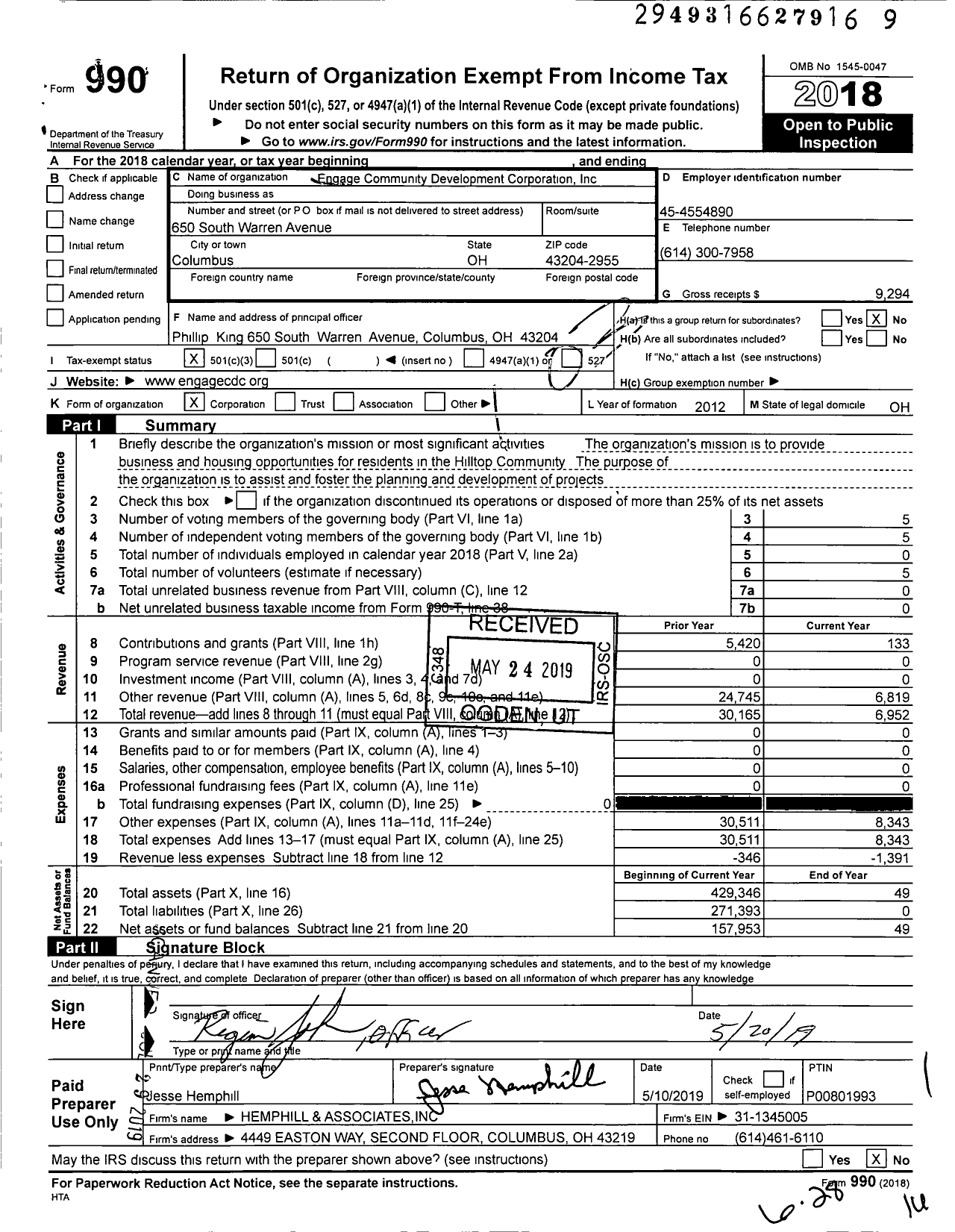 Image of first page of 2018 Form 990 for Engage Community Development Corporation