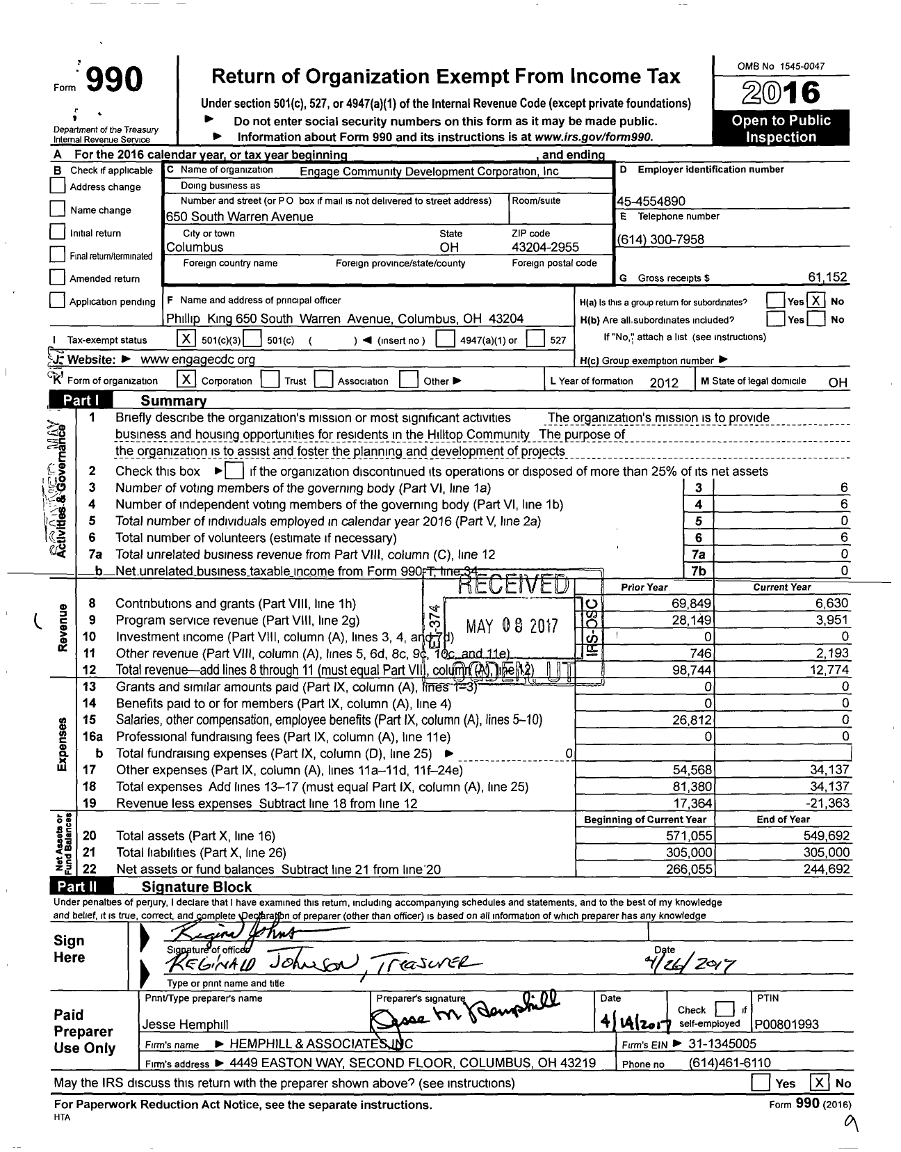 Image of first page of 2016 Form 990 for Engage Community Development Corporation