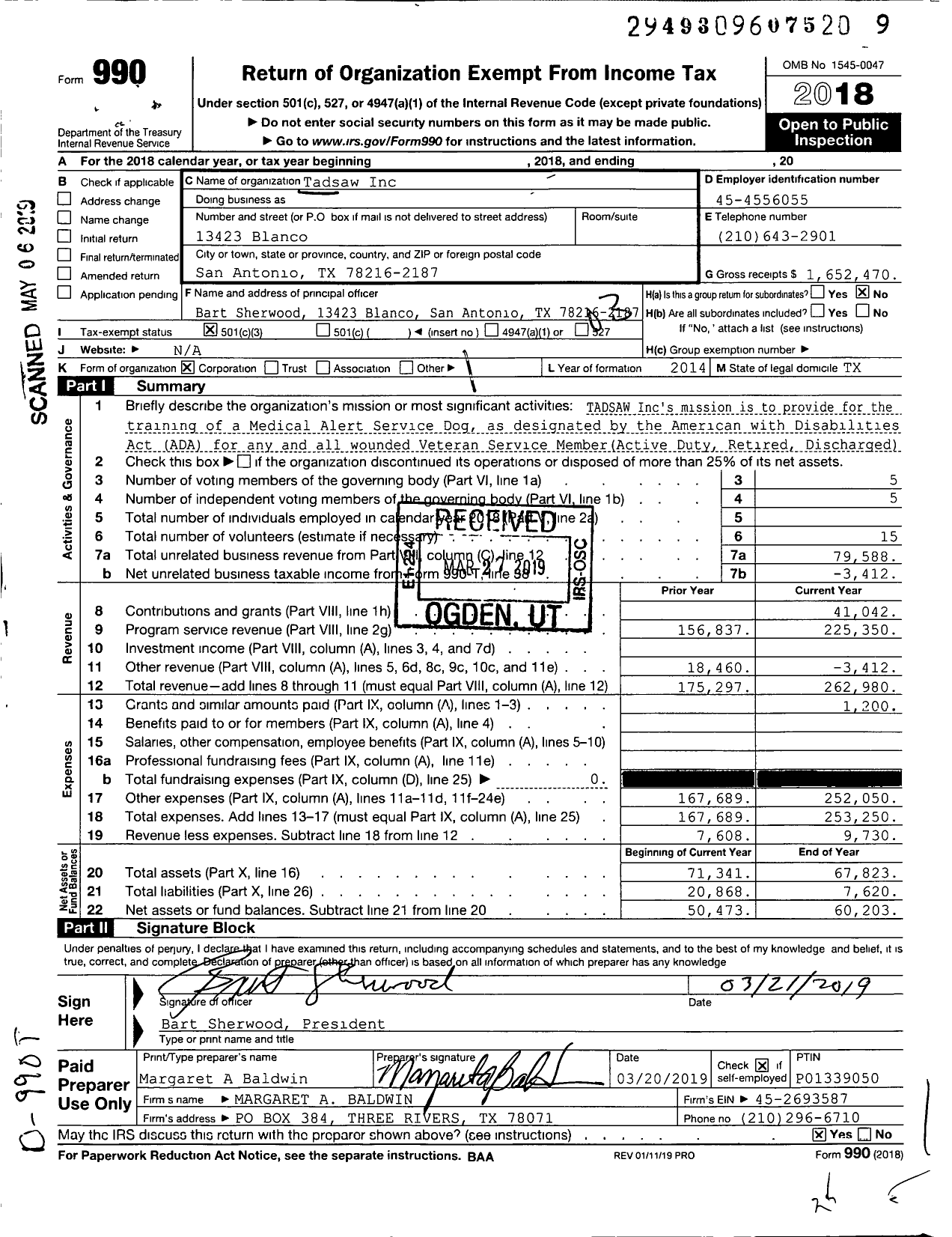 Image of first page of 2018 Form 990 for Tadsaw