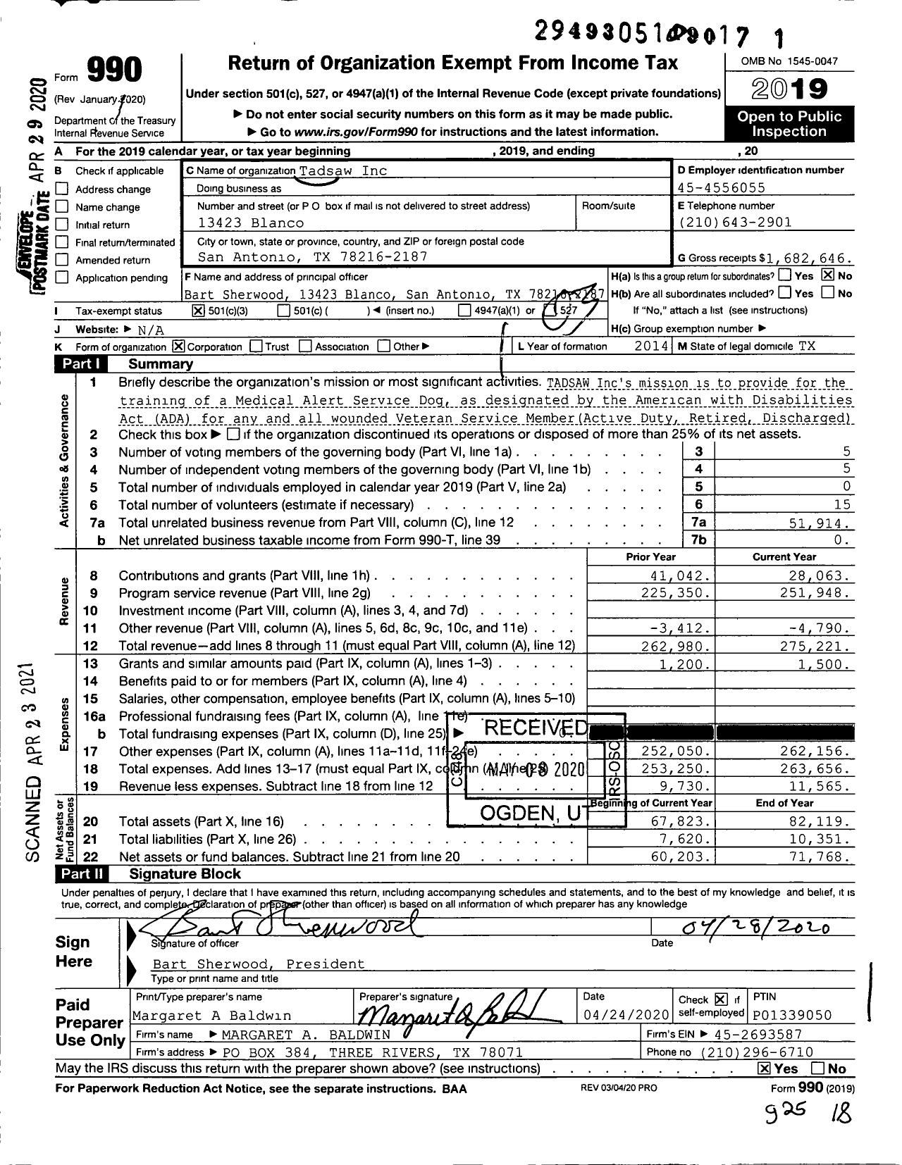 Image of first page of 2019 Form 990 for Tadsaw